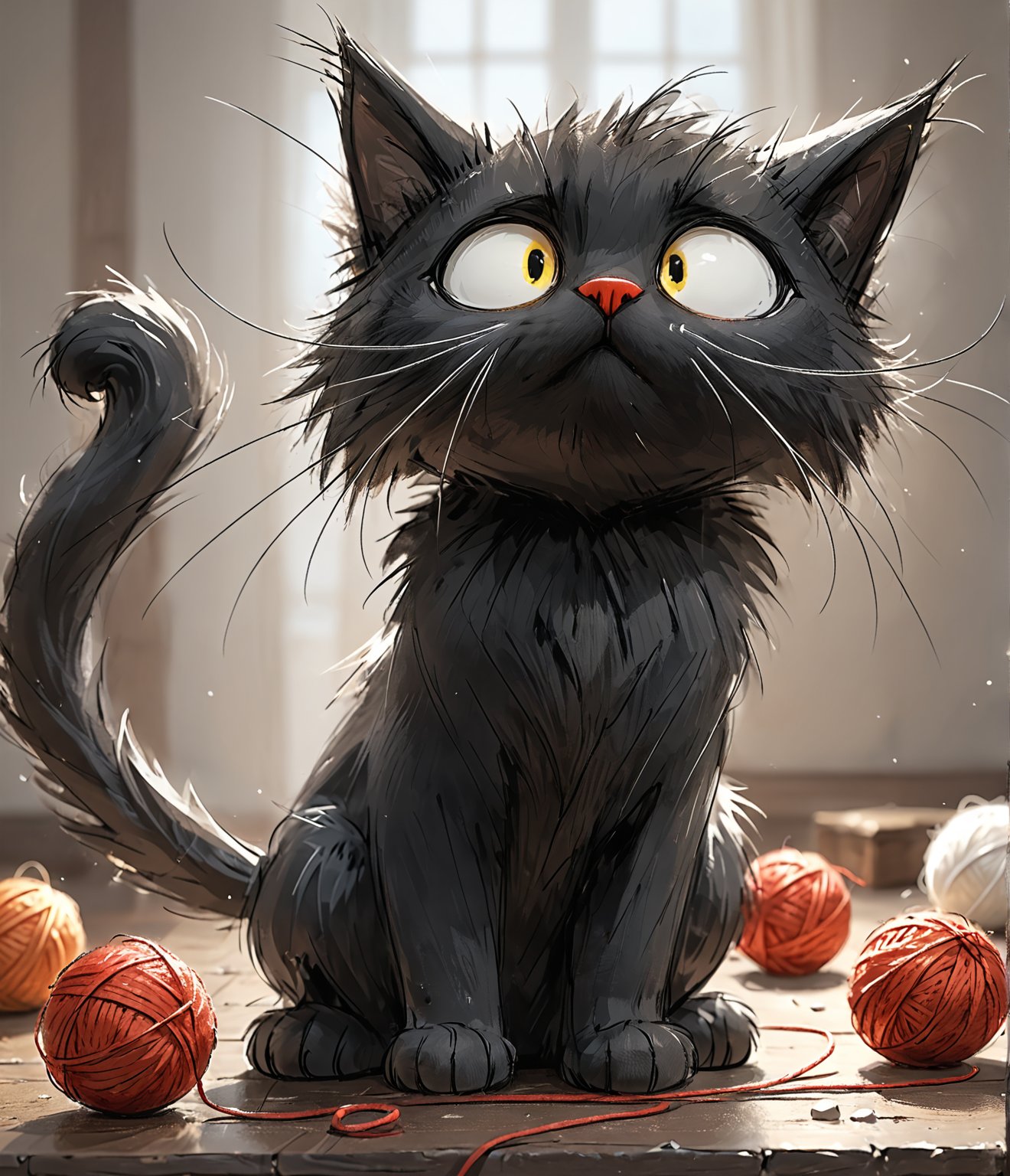 Masterpiece, 4K, Ultra detailed, 1 scary black cat with fluffy fur, playing yarn balls, depth of field, SFW