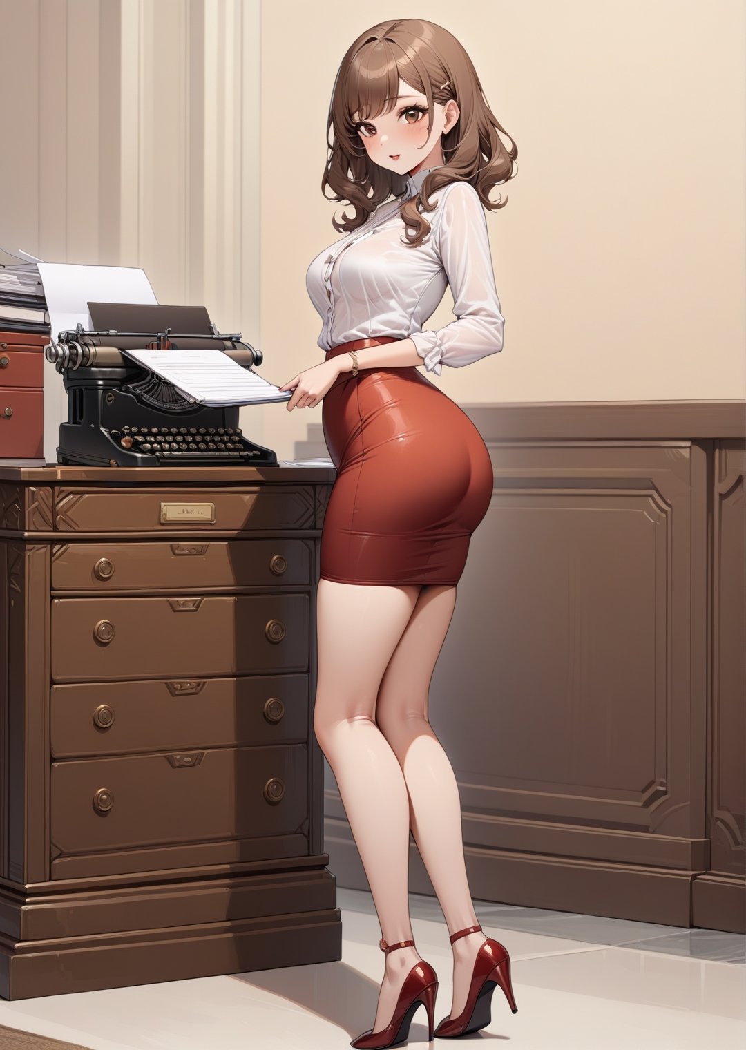 (Pin-up style),  masterpiece,  1 beautiful woman wearing blouse and tight skirt holding a stack of folders by Max AI on Te...