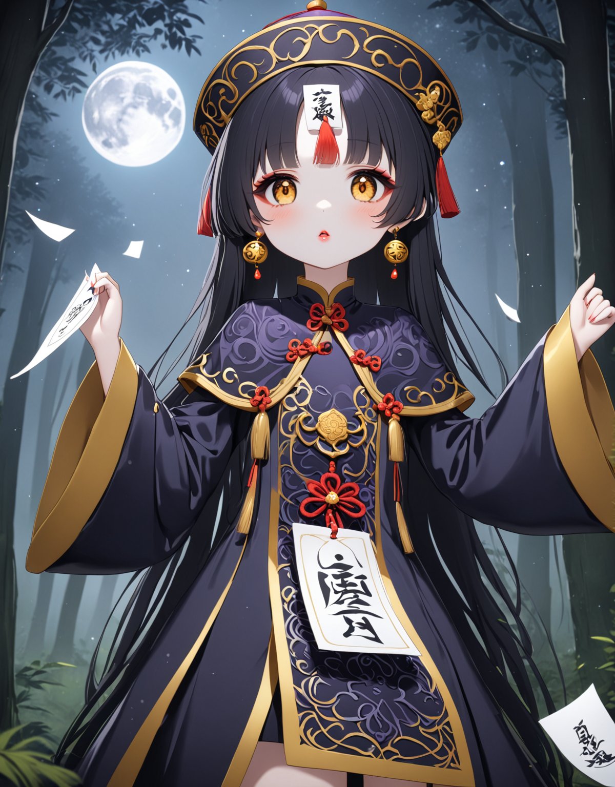 Masterpiece, 4K, ultra detailed, female Jiangshi with flawless goth makeup, paper talisman on forehead and glossy lips, golden earring, wavy long hair, dark silk robe with very long sleeves, in a misty dark forest, moon lights, depth of field, SFW, more detail XL,