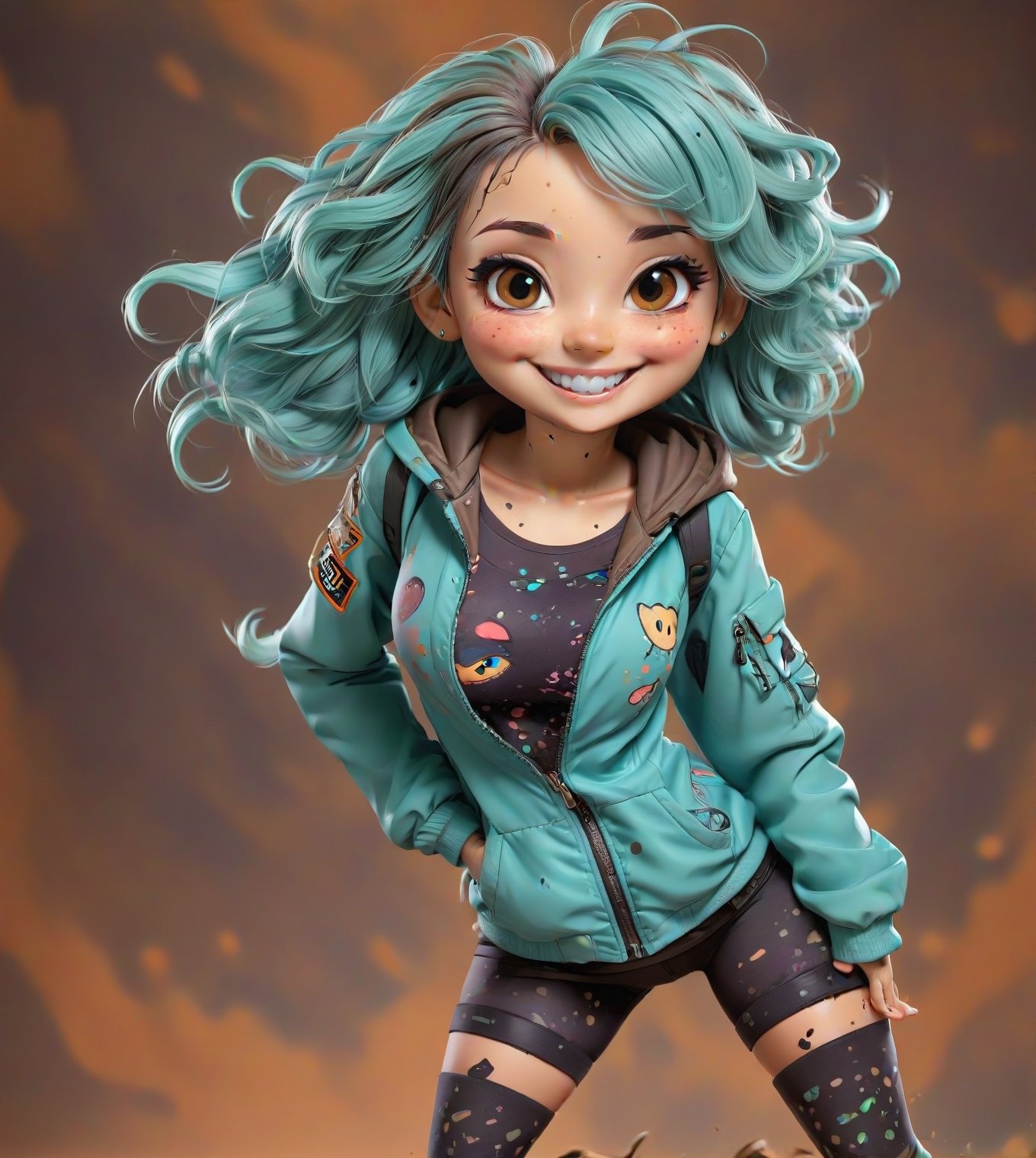 Chibi style, masterpiece, beautiful cyan hair girl smiling, large breasts, skimpy leggings with digital pattern tactical jacket, huge brown eyes, windy, neon ink splash background, ((SFW)),