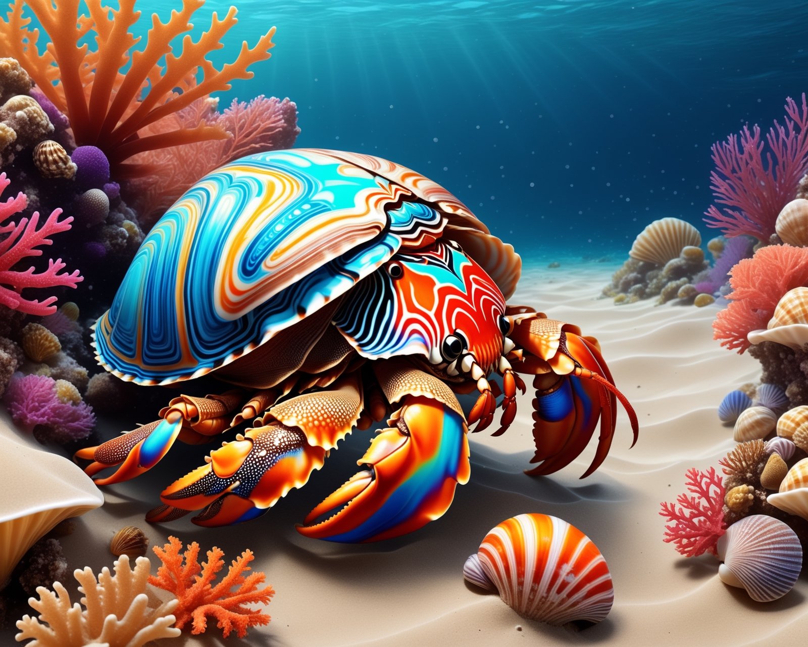 Hermit crab moving on a sandy ocean floor,  highly detailed shell,  colorful coral reef by Max AI on Tensor.Art