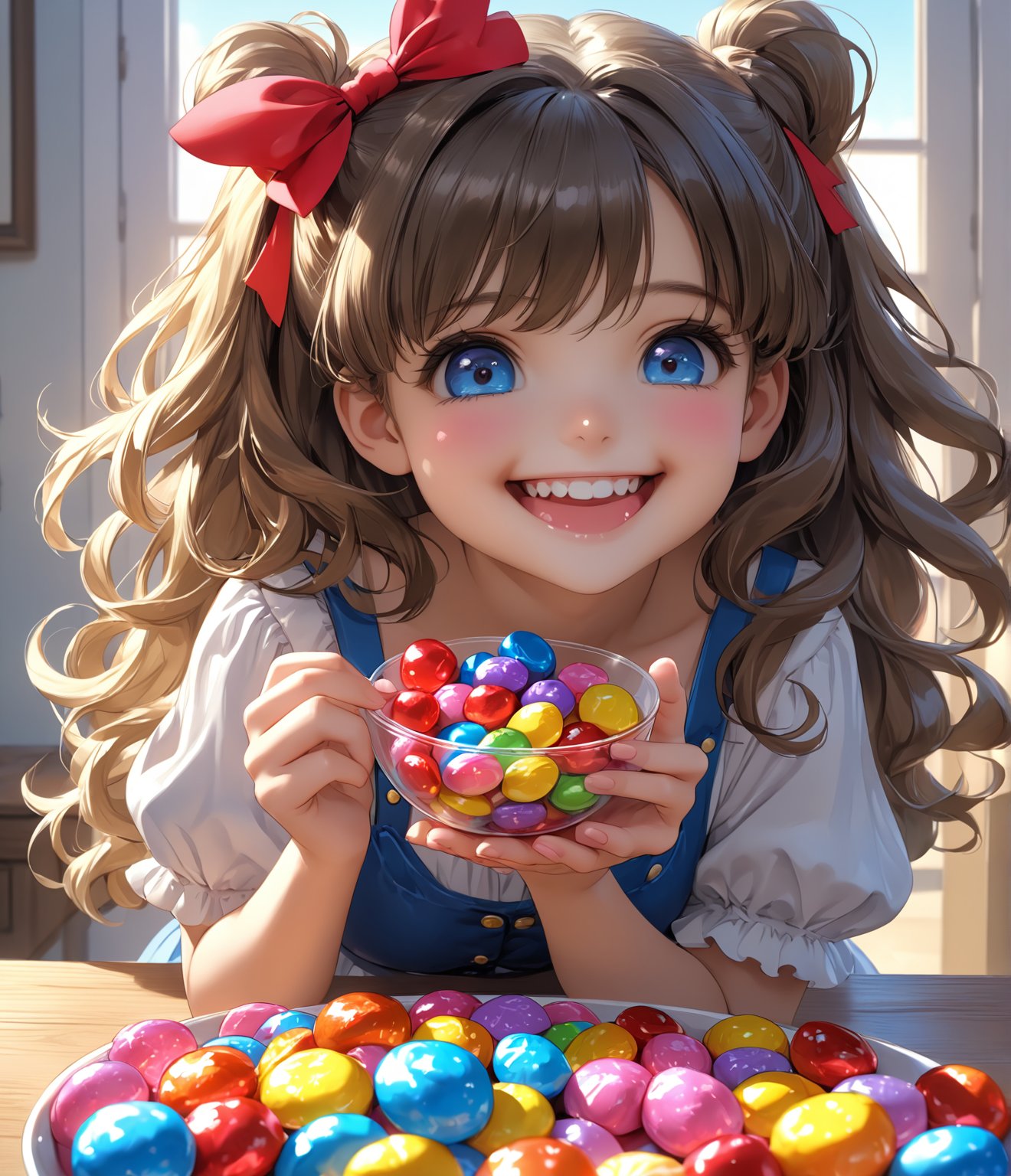 Masterpiece, 4K, Ultra detailed, cute girl cupping a handful of candy, wide smile, SFW, 