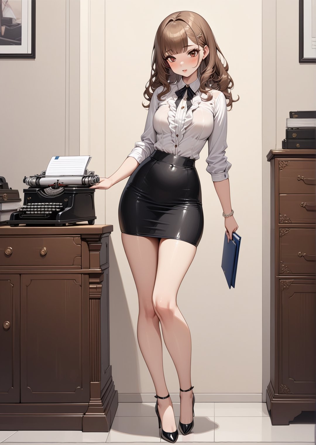 (Pin-up style),  masterpiece,  1 beautiful woman wearing blouse and tight skirt holding a stack of folders by Max AI on Te...