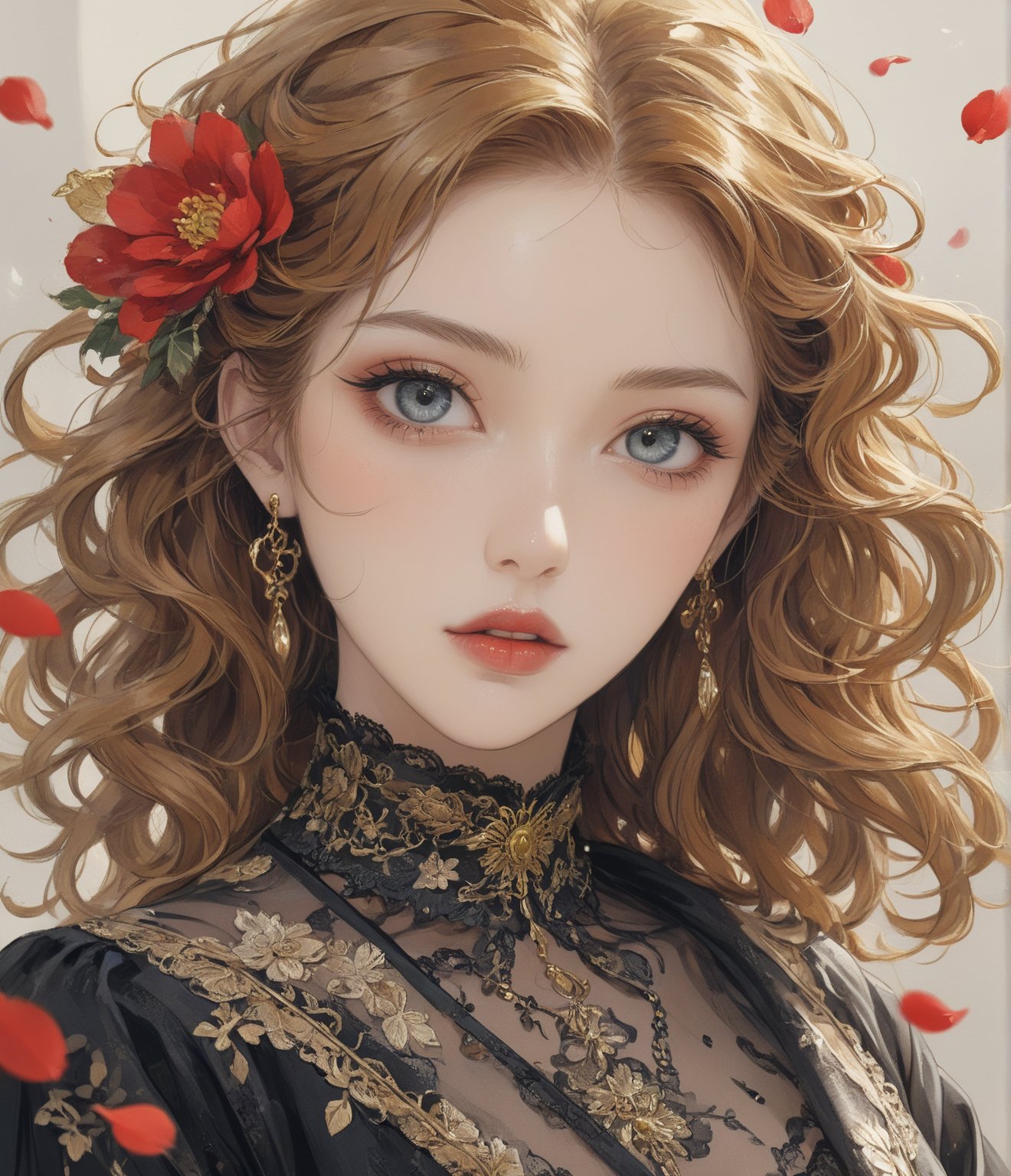 Masterpiece, 4K, ultra detailed, modern anime style, beautiful busty female singer with flawless dark makeup, beautiful detailed eyes and glossy lips, golden earring, wavy long ginger hair, sheer lace robe, romantic flower petals, windy, depth of field, SFW, more detail XL, punk art style,huayu