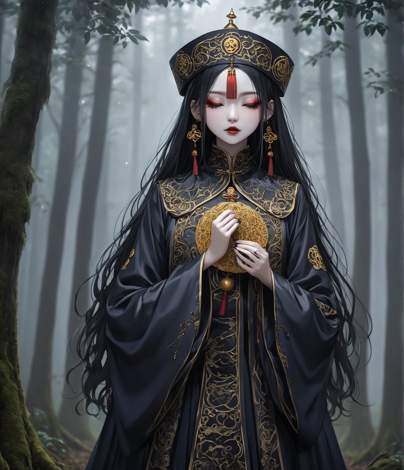 Masterpiece, 4K, ultra detailed, anime style, frightening female Jiangshi with flawless goth makeup, paper talisman on forehead and glossy lips, eyes closed, golden earring, wavy long hair, dark silk robe with very long sleeves, in a misty dark forest, depth of field, SFW, more detail XL,