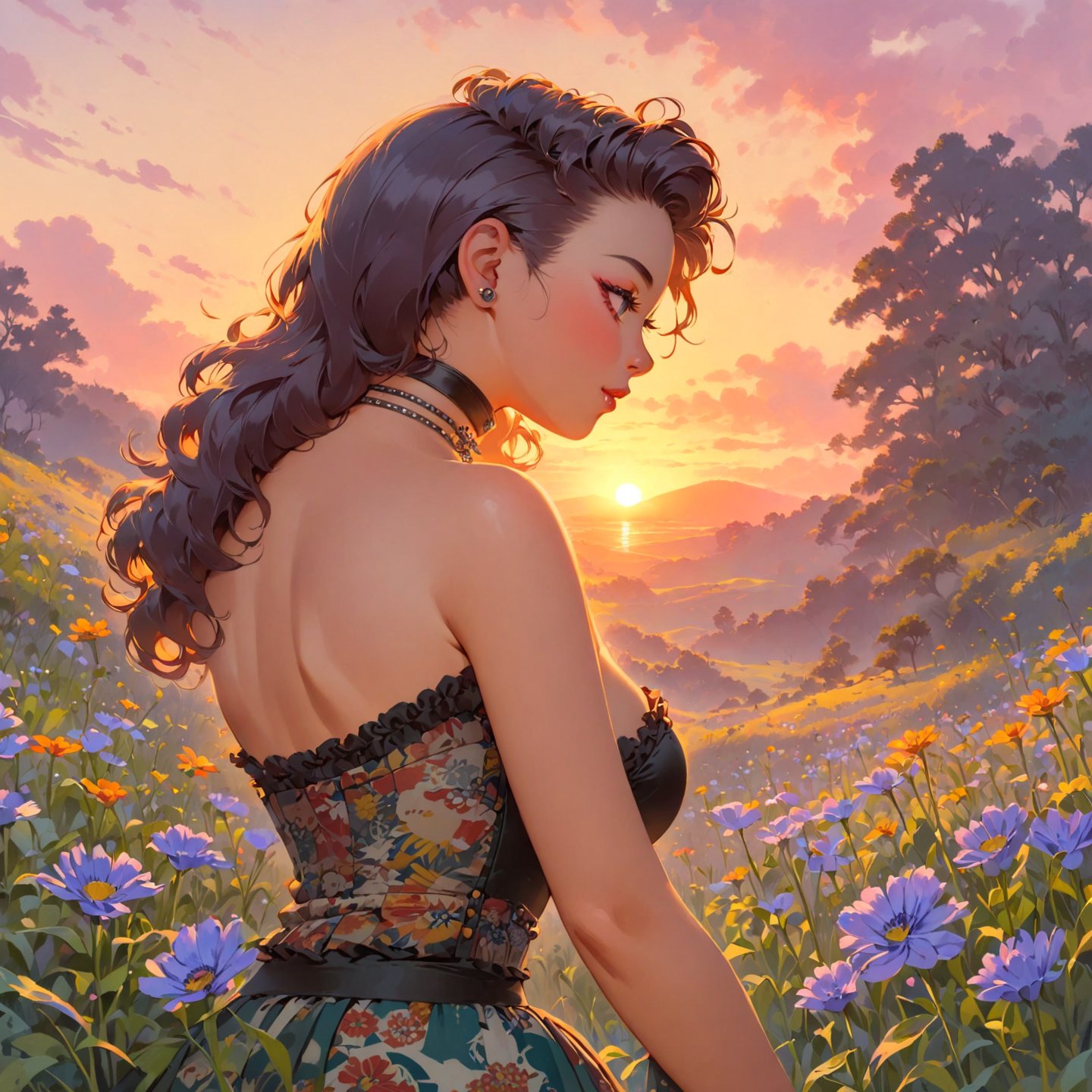 Masterpiece, 4K, ultra detailed, sexy punk woman, choker necklace, long flowy hair, wild flowers, depth of field, SFW, Ukiyoe Art Style, Vintage American illustration's,KidsRedmAF, sunset,