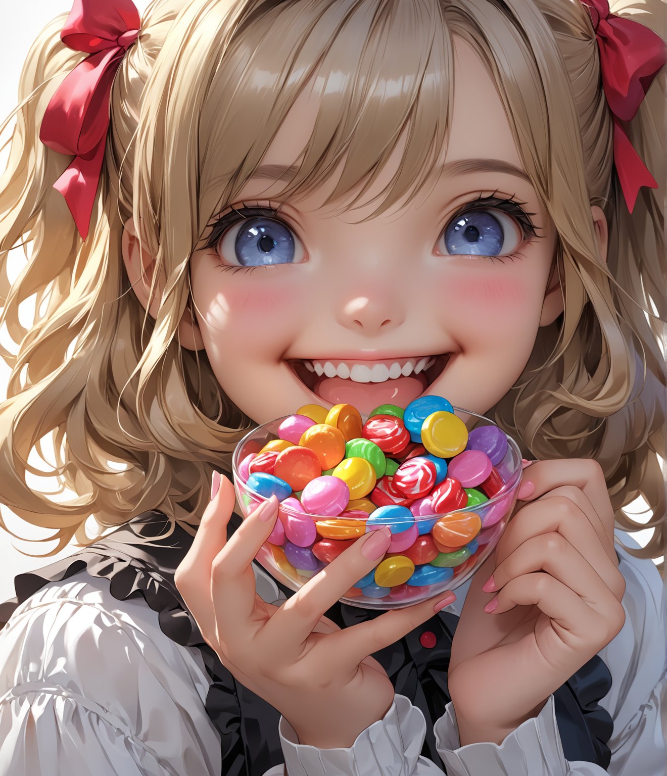 Masterpiece, 4K, Ultra detailed, cute girl cupping a handful of candy, wide smile, SFW, 