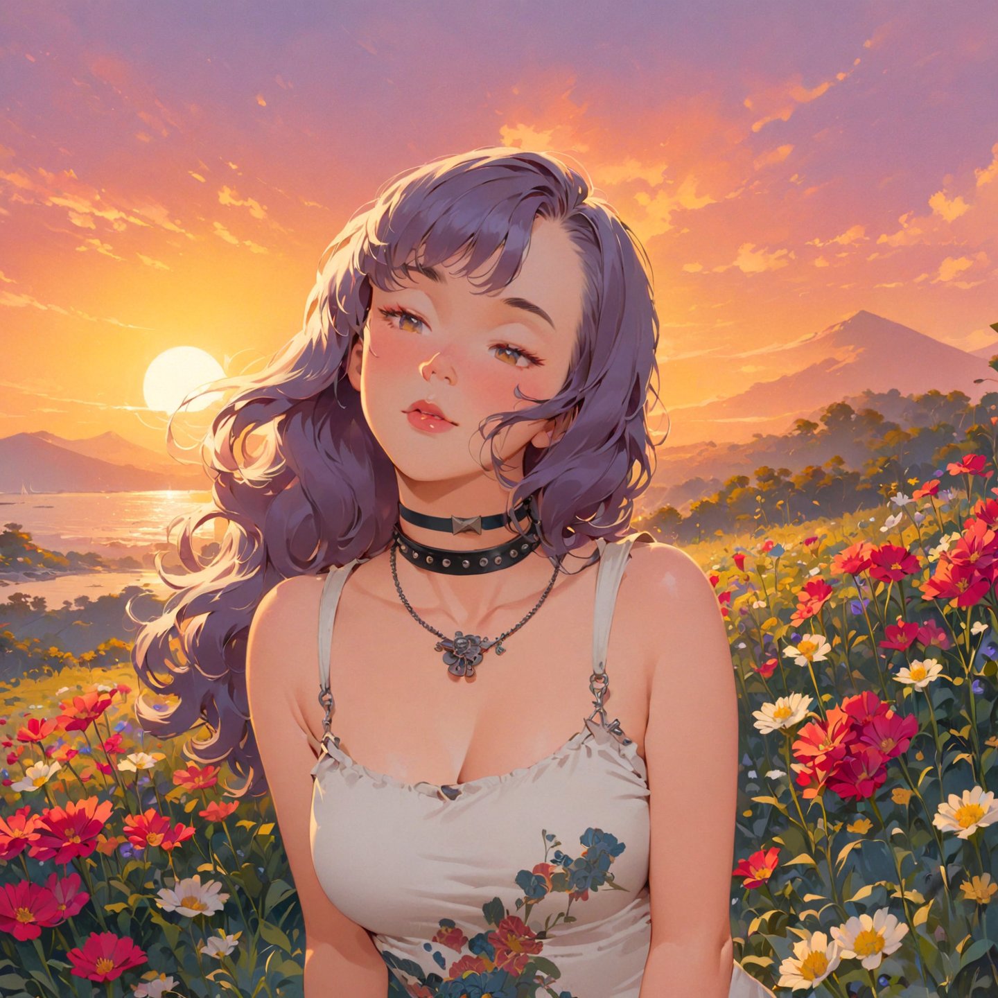 Masterpiece, 4K, ultra detailed, sexy punk woman, choker necklace, long flowy hair, wild flowers, depth of field, SFW, Ukiyoe Art Style, Vintage American illustration's,KidsRedmAF, sunset,