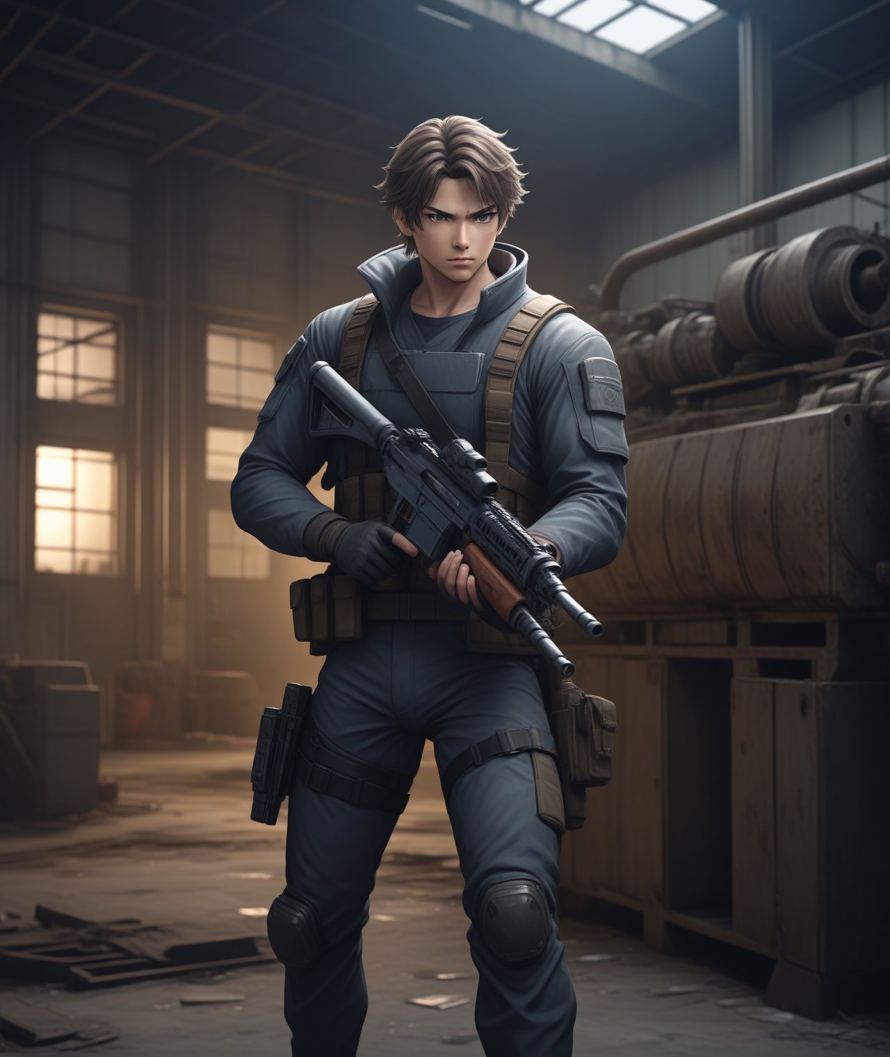 Solo, anime style, Mature Male fighter, detailed eyes, 4k, aiming a rifle at viewers, standing quietly in abandoned machine warehouse , dimly lit, highly detailed, (full body portrait), dynamic angle, more detail XL,,<lora:659095807385103906:1.0>