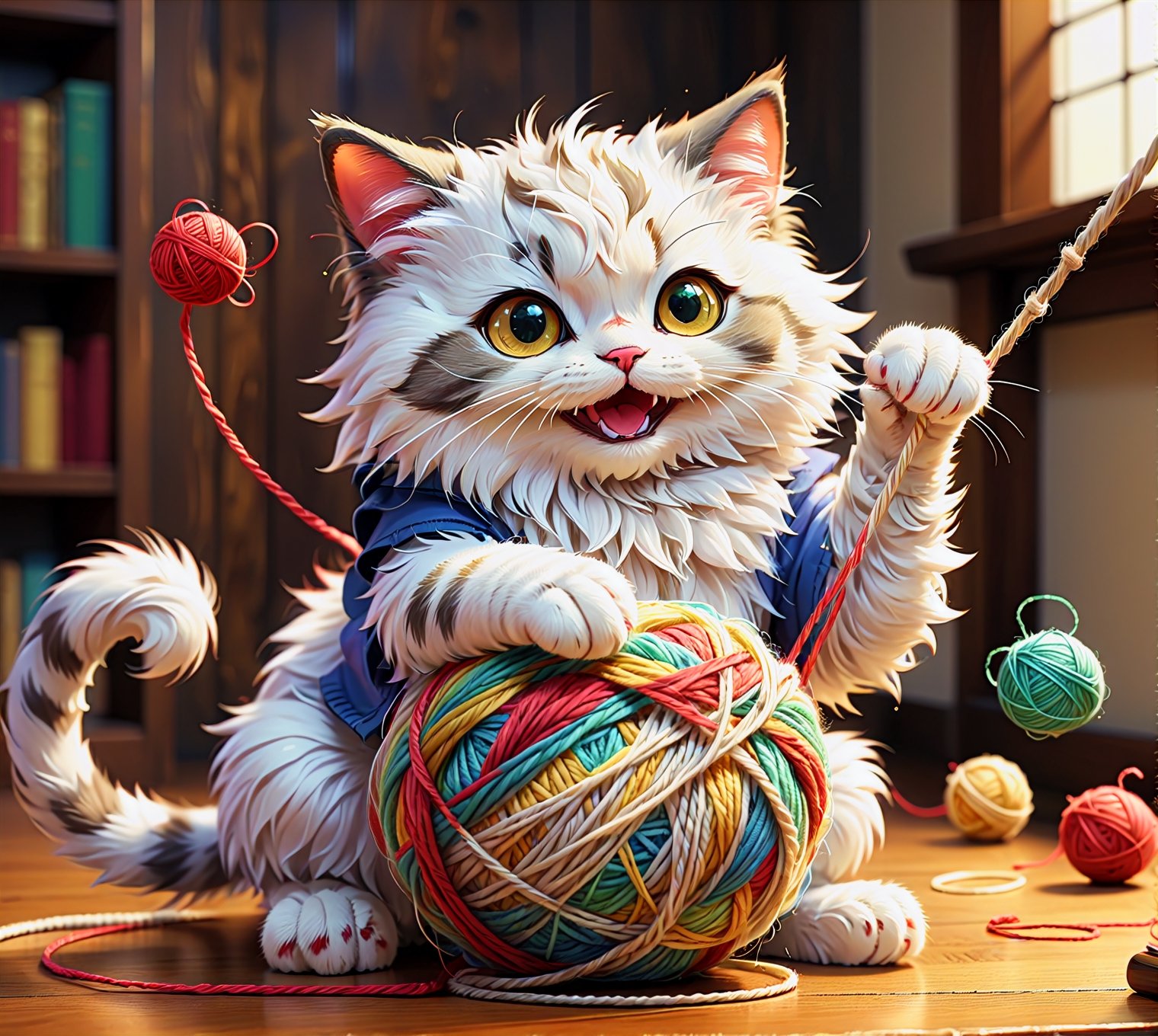 ((anime style)),  masterpiece, 4K, cute furry cat playing a yarn ball, more detail XL,