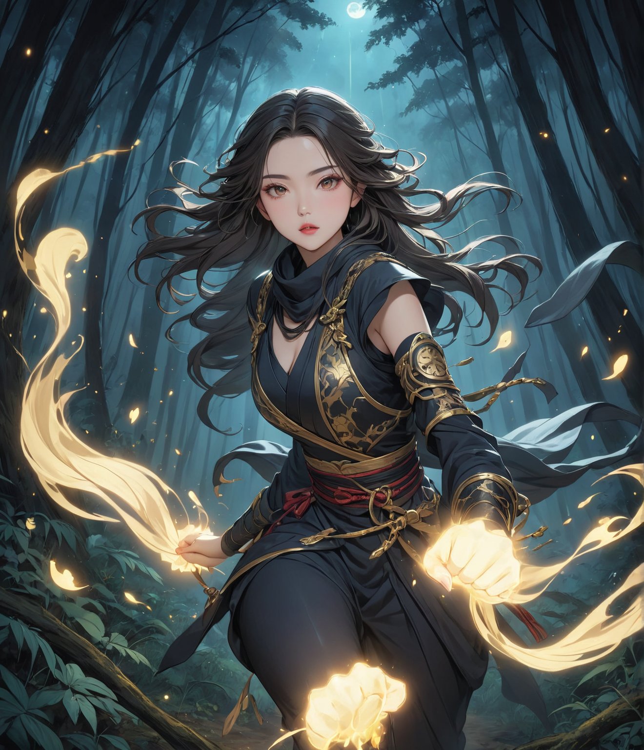 Masterpiece, 4K, ultra detailed, anime style, powerful female hunter with flawless makeup and glossy lips, long wavy hair in ninja outfit with gold details, glowing fists, in a creepy dark forest at night lit by moonlight, floating ghost spirit in the back moving in high speed, depth of field, SFW,huayu