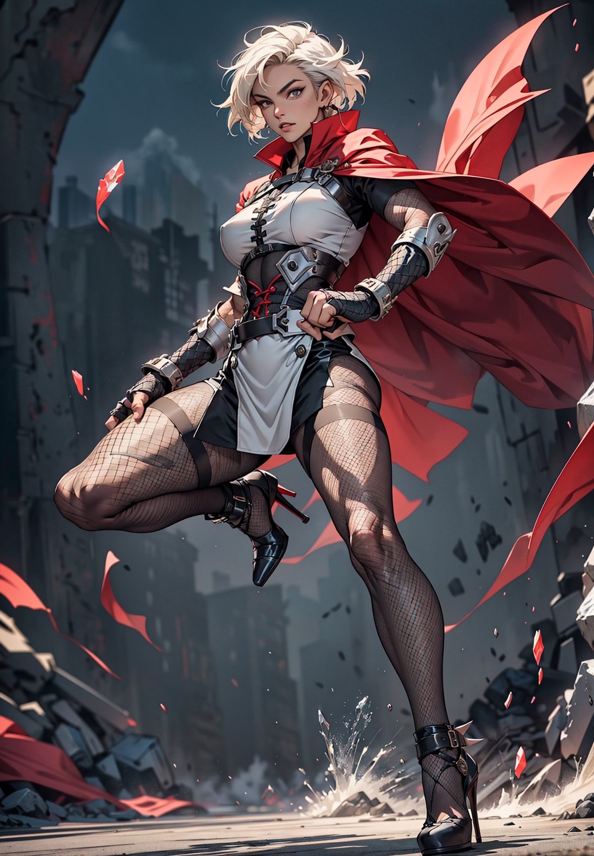 skinny female fighter wearing tactical uniform with huge long cape, fishnet pantyhose, crystal high heels, medium breasts, detailed eyes, fighting stance pose with closed fists, 4k, windy, line art background, highly detailed, full body portrait, dynamic angle, ink splash style, solo, large head,Silk4rmor,Silkpunk