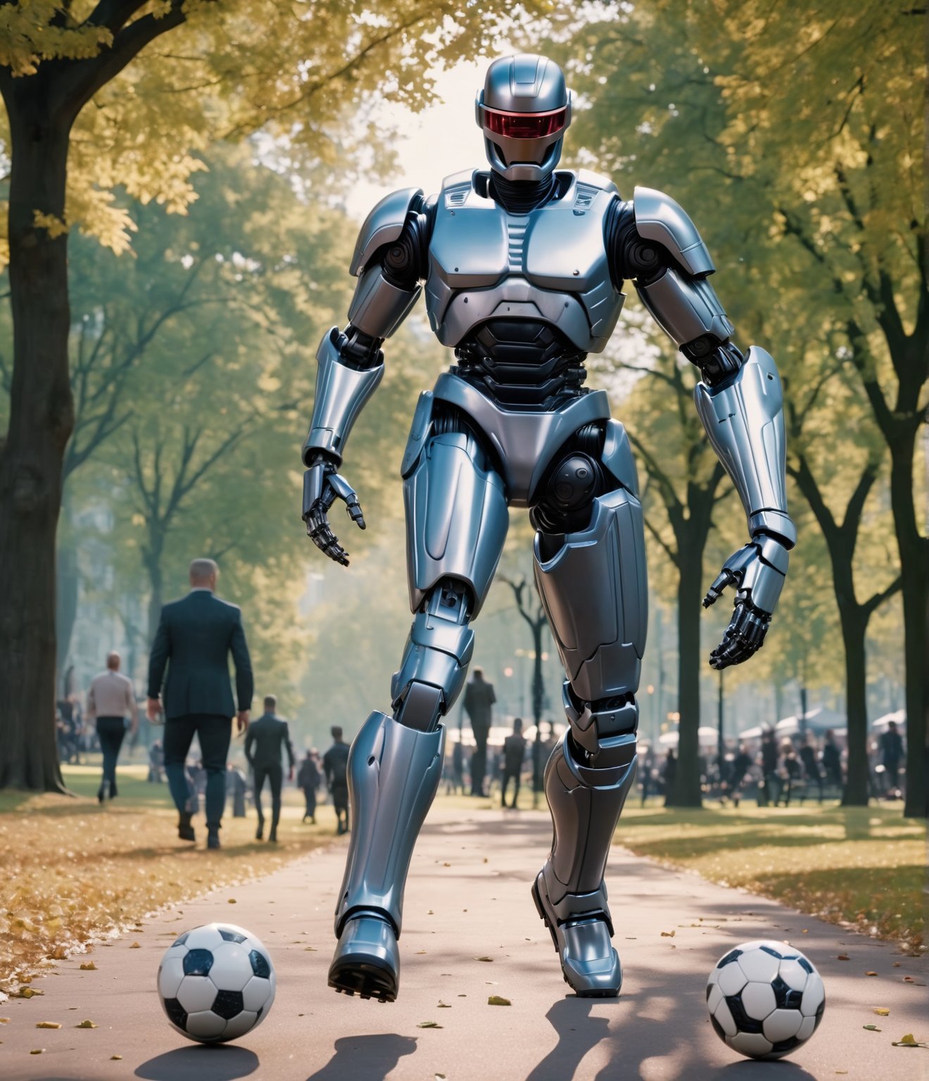 (masterpiece, high quality, 8K resolution, ultra detailed), movie character RoboCop playing soccer in the park, walking slowly, depth of field,