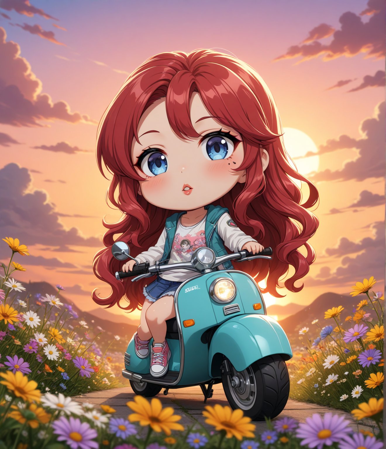 Masterpiece, 4K, ultra detailed, chibi anime style, beautiful female scooter rider with glamorous makeup and glossy lips, long flowy hair, short denim skirt and sneakers, epic sunset, wild flowers, depth of field, SFW,