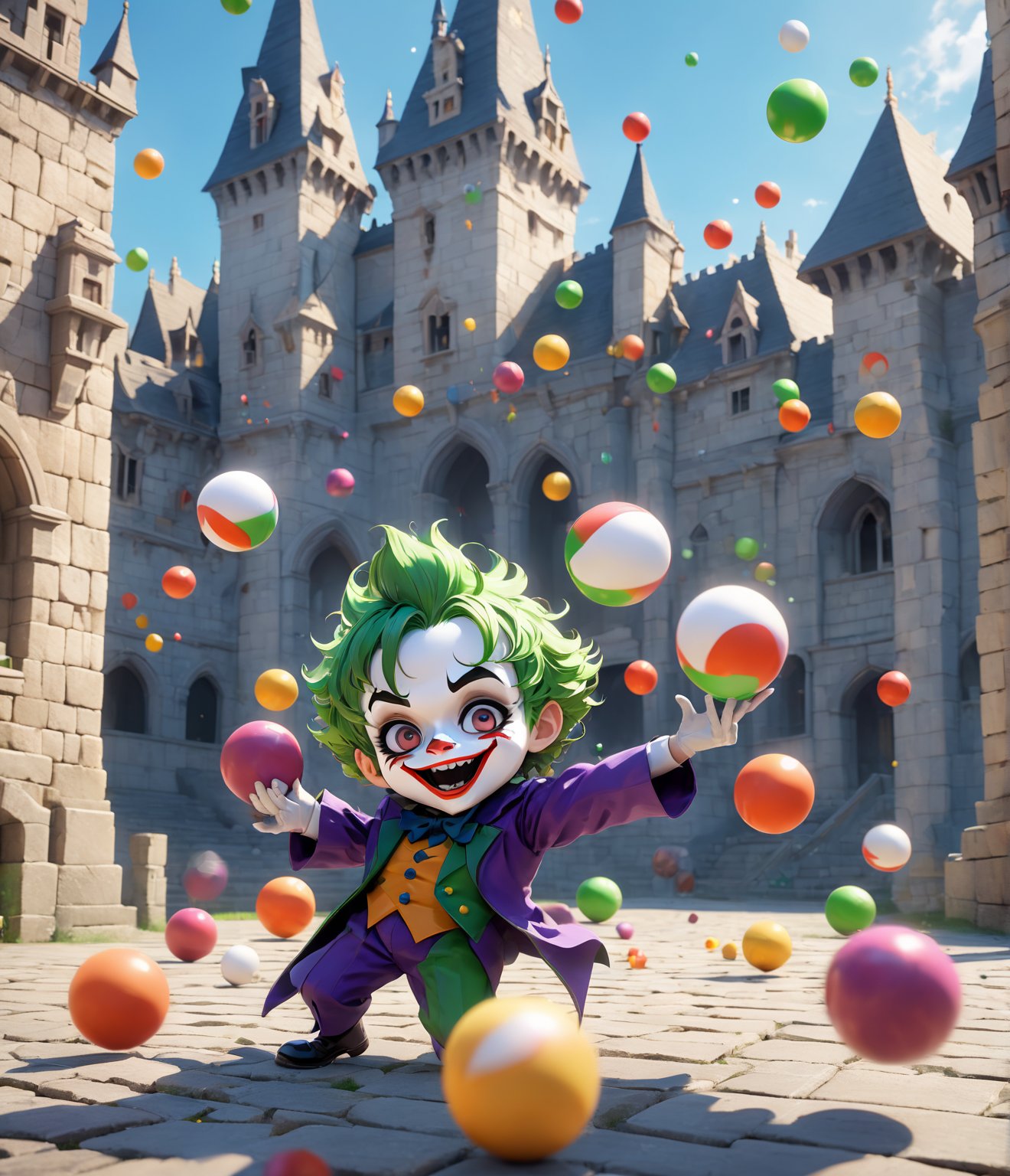 (masterpiece, high quality, 8K resolution, ultra detailed), Chibi anime style, 1 happy joker juggling balls in the castle courtyard, face paint, depth of field, best quality, SFW, 