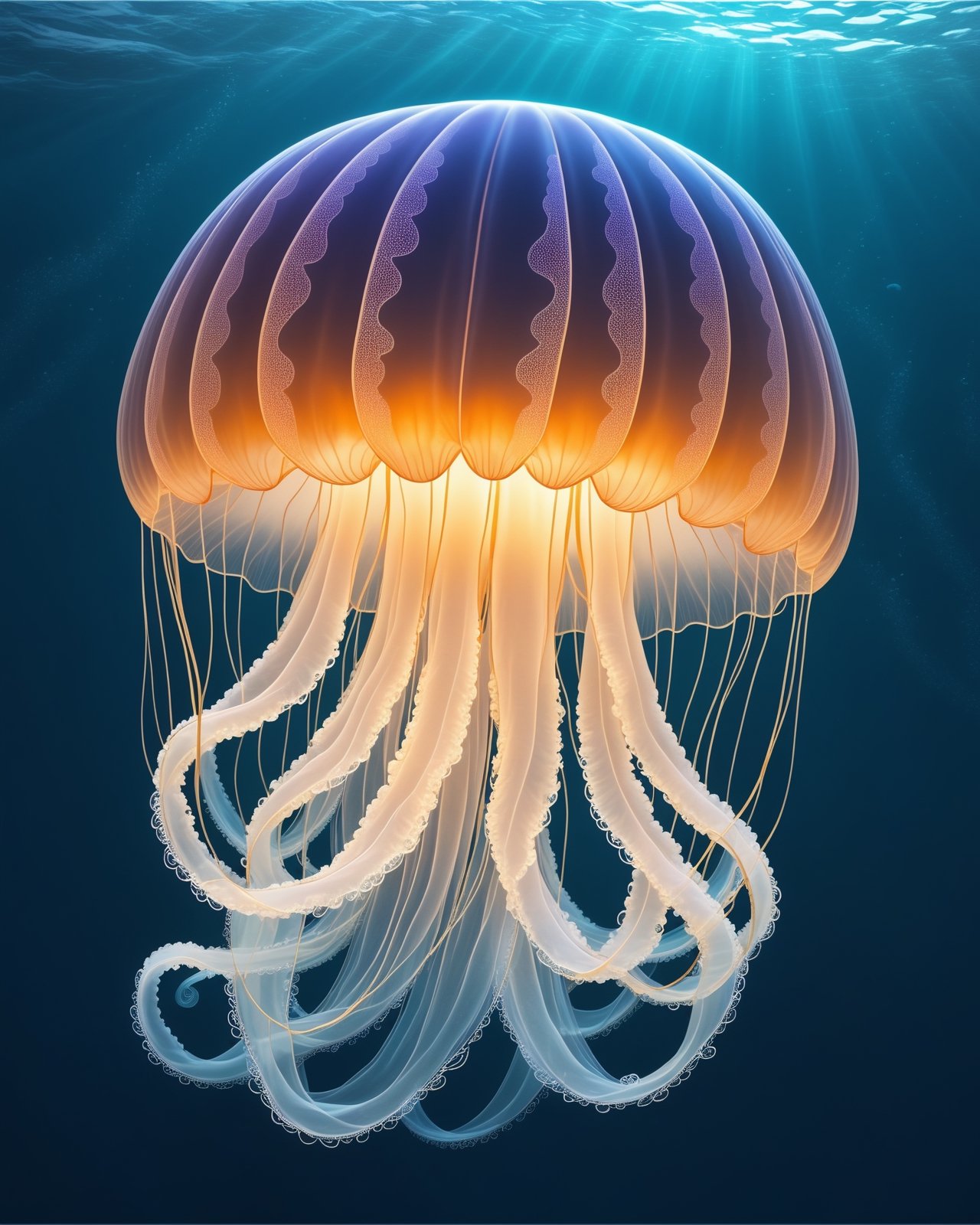 a gigantic translucent jellyfish swimming with its tentacles in the ocean,  highly detailed tentacles,  shimmering spot pa...