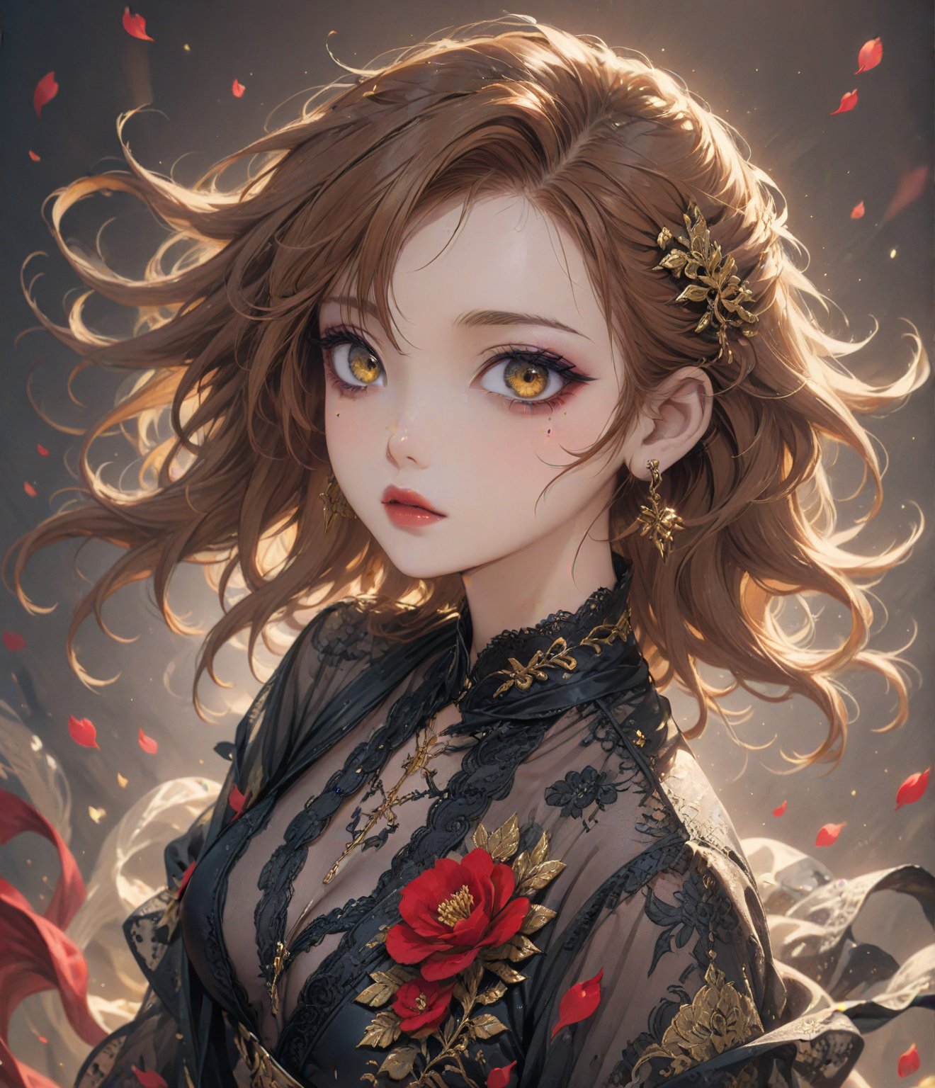 Masterpiece, 4K, ultra detailed, modern anime style, beautiful female singer with flawless dark makeup, beautiful detailed eyes and glossy lips, golden earring, wavy ginger hair, sheer lace robe, romantic flower petals, windy, depth of field, SFW, more detail XL, punk art style,huayu