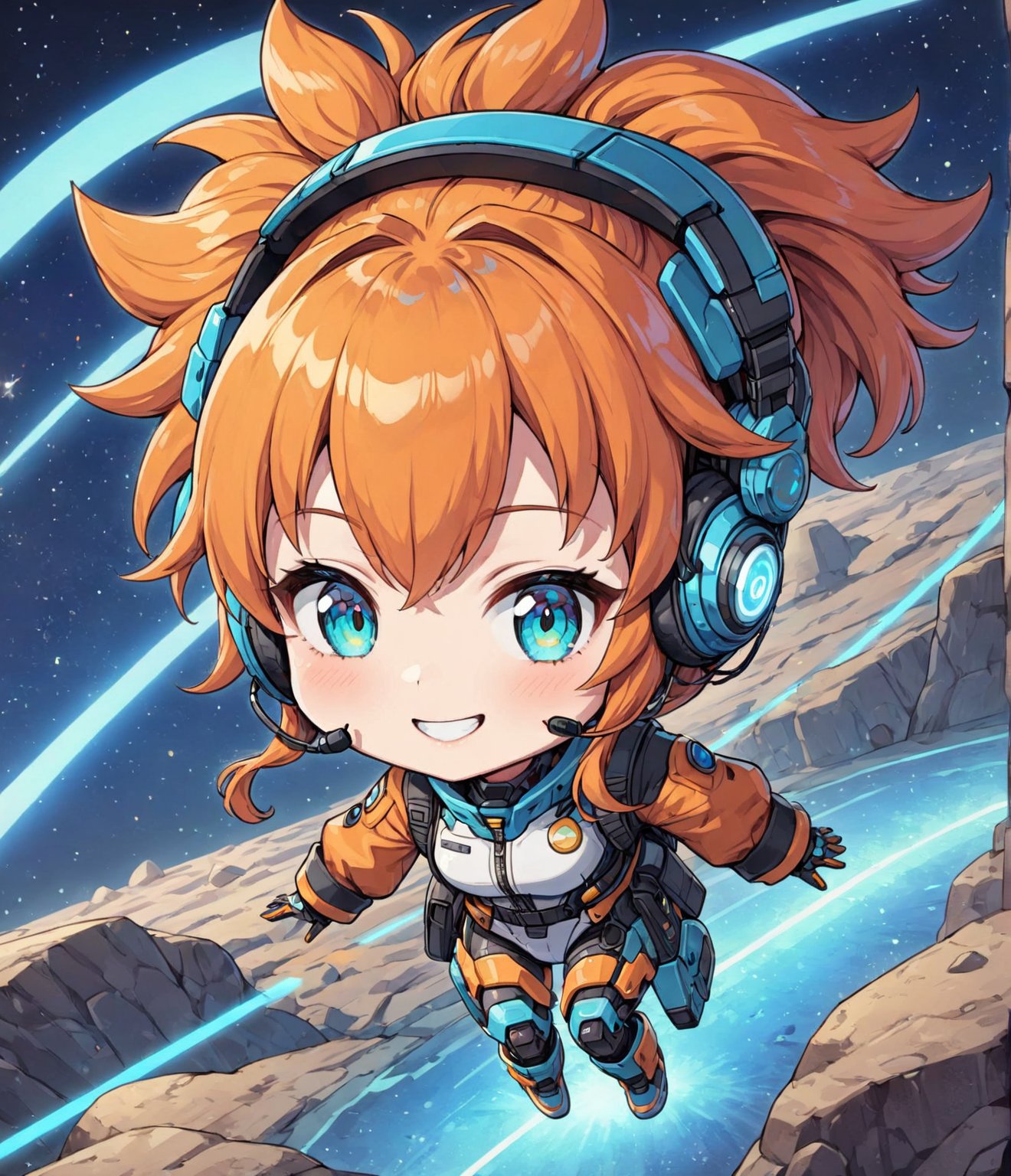 Masterpiece, 4K, ultra detailed, chibi anime style, cyber robot ponytail hair girl wearing tactical headset with fin antenna, smiling at viewers, orange and cyan LED lights, SFW, flying on colorful rocky space terrain at night, sonic boom, depth of field, 