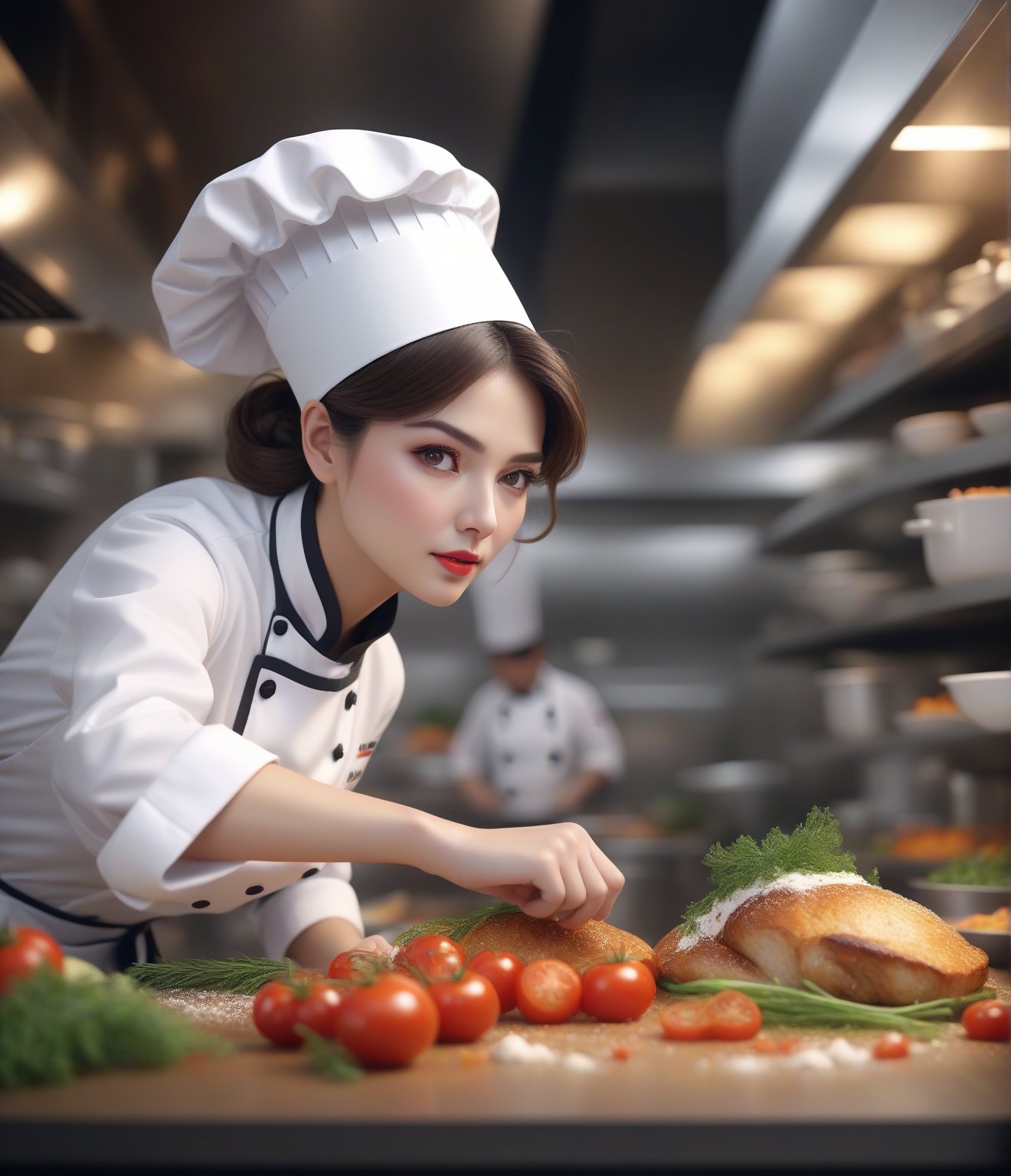 Masterpiece, 4K, ultra detailed, solo, 1 professional female chef with glamorous makeup, chef hat, bent over, fantastic cuisine, depth of field, SFW,