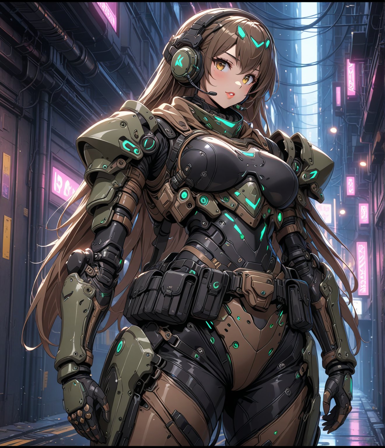 Masterpiece, 4K, ultra detailed, anime style, 1 beautiful busty female soldier wearing tactical headset and brown waist pack, glossy lips, armor plating with LED lights, SFW, alleyway with neon lighting, reflection, depth of field, cyber punk, 