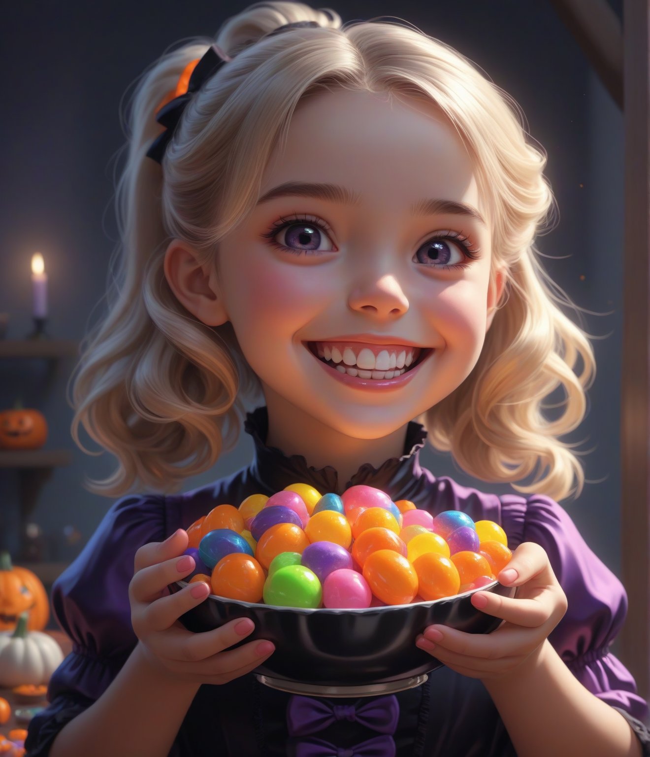 Masterpiece, 4K, Ultra detailed, cute girl cupping a handful of candy, wide smile, SFW, Halloween,