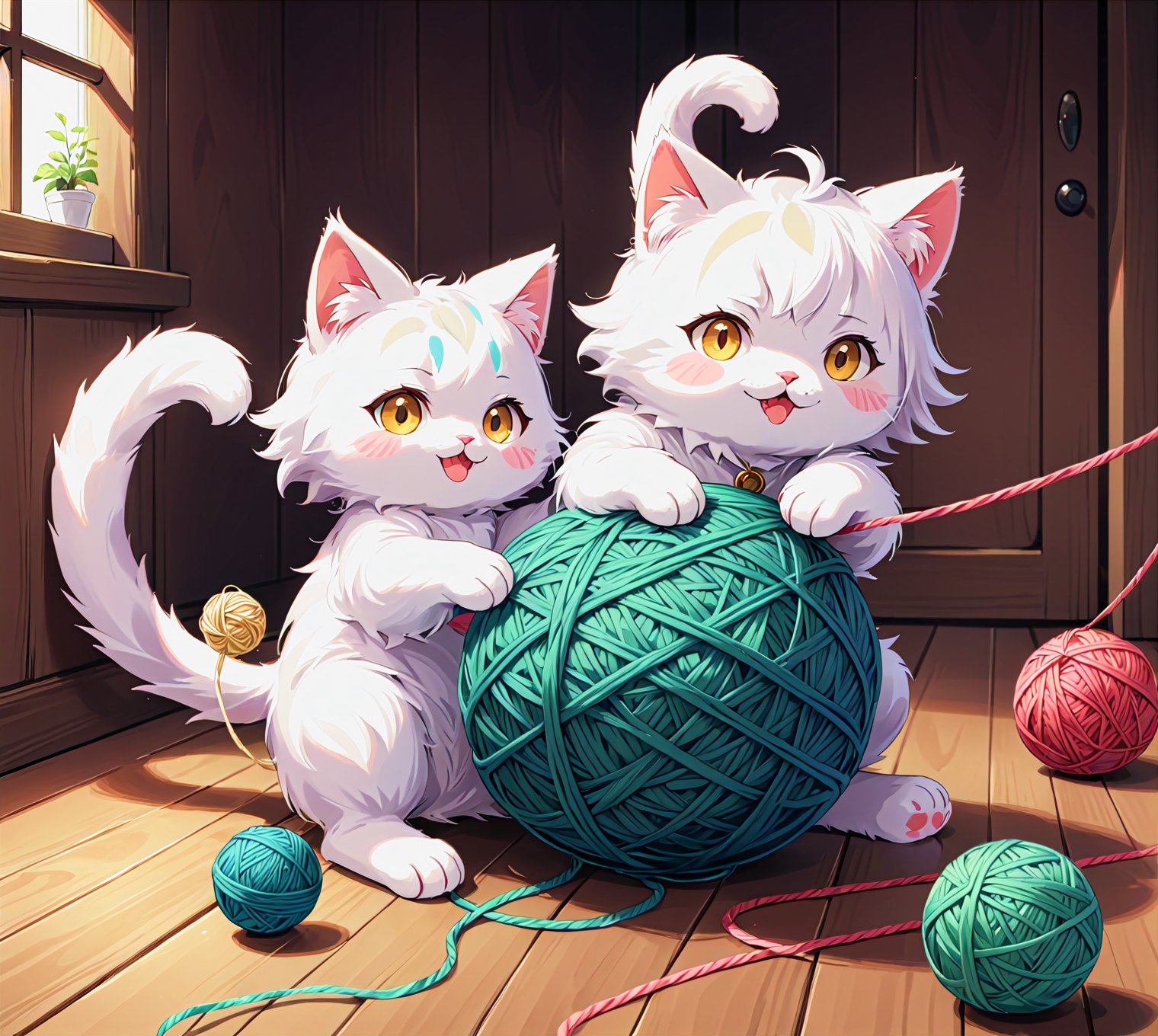 ((anime style)),  masterpiece, 4K, cute furry cat playing a yarn ball, more detail XL,