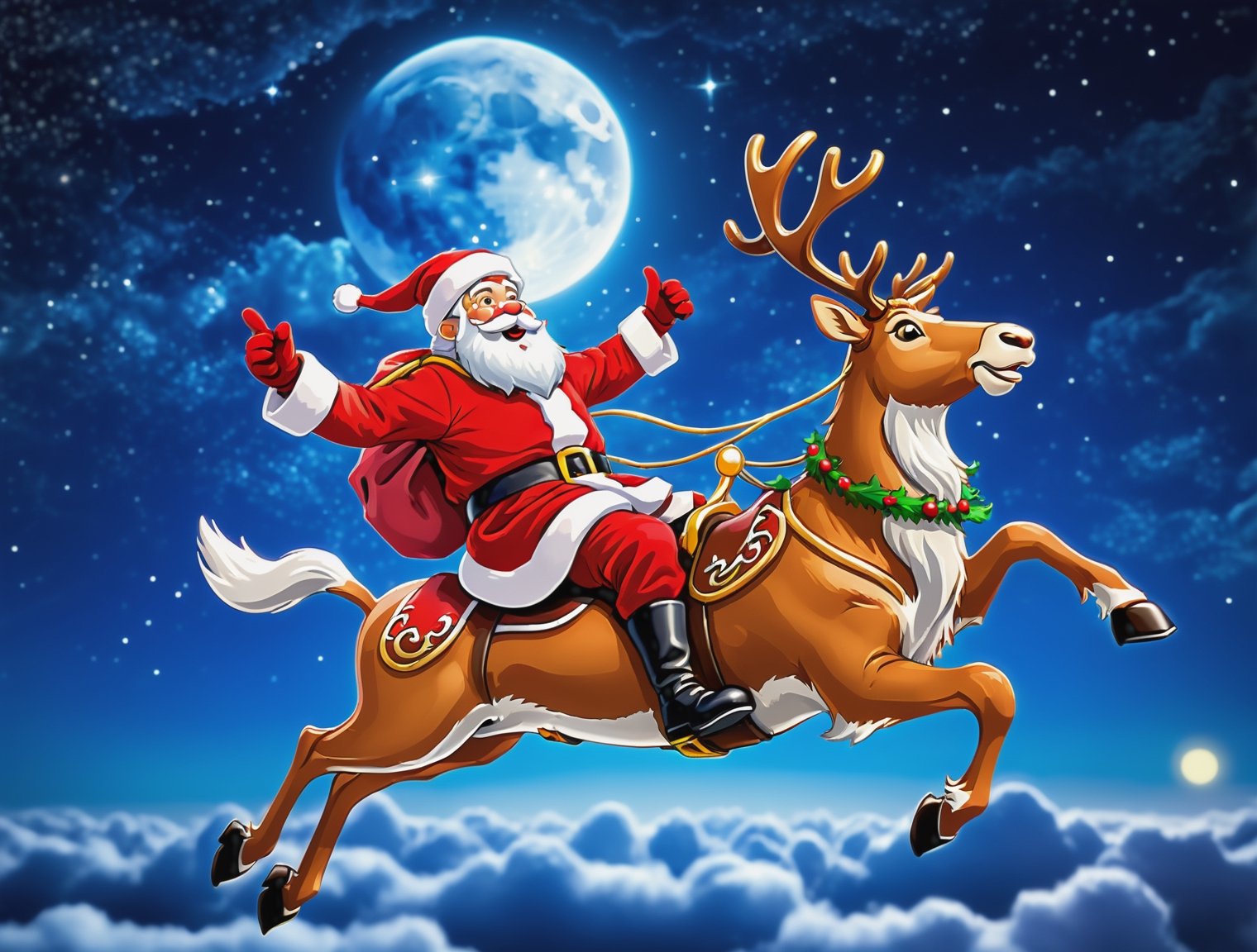 ((Anime style)),  Santa Claus riding on flying reindeer at night,  epic night sky by Max AI on Tensor.Art
