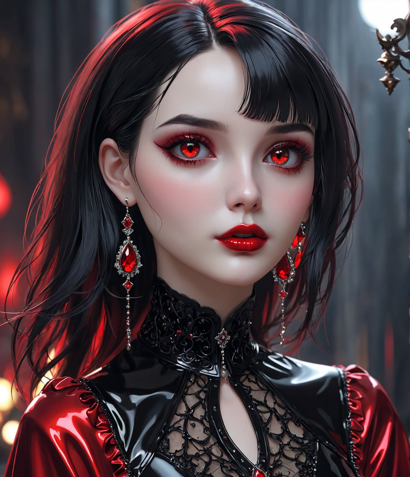 Masterpiece, 4K, ultra detailed, sexy goth lady in red, glossy seductive lips, dangling earrings, SFW, depth of field, xxmixgirl