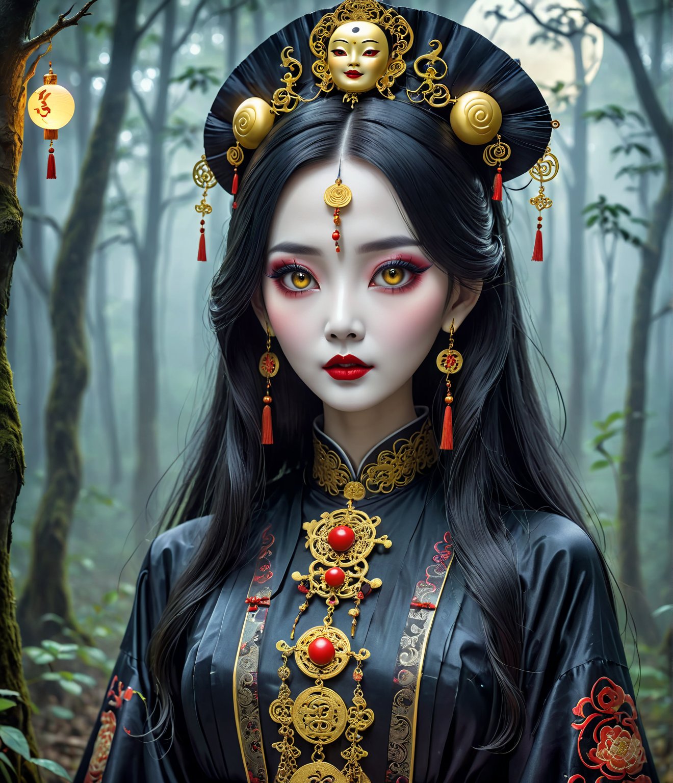 Masterpiece, 4K, ultra detailed, frightening female Jiangshi with flawless goth makeup, paper talisman on forehead and glossy lips, golden earring, wavy long hair, dark silk robe with very long sleeves, in a misty dark forest, moon lights, depth of field, SFW, more detail XL,