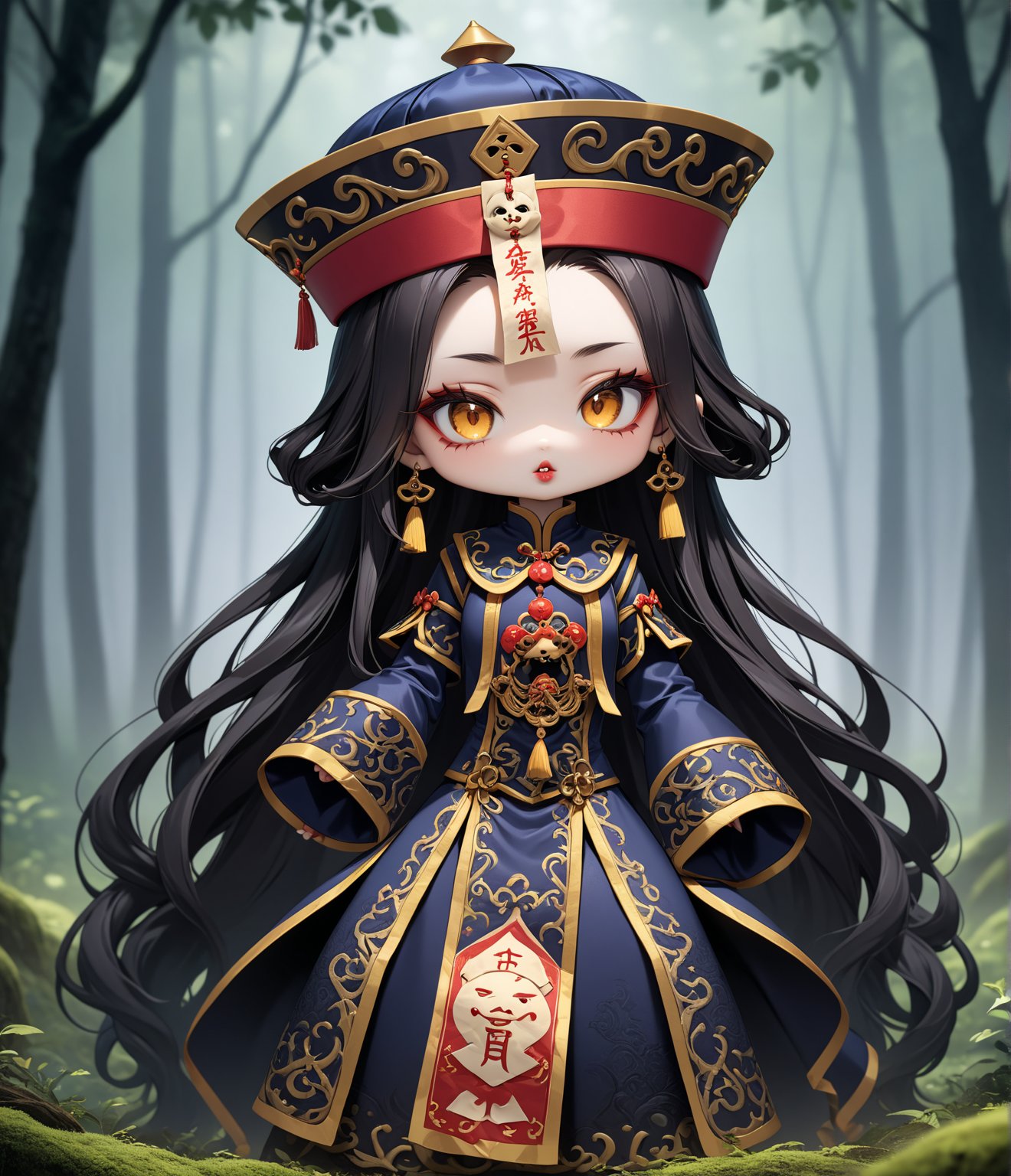 Masterpiece, 4K, ultra detailed, chibi anime style, frightening female Jiangshi with flawless goth makeup, paper talisman on forehead and glossy lips, eyes closed, golden earring, wavy long hair, dark silk robe with very long sleeves, in a misty dark forest, depth of field, SFW, more detail XL,