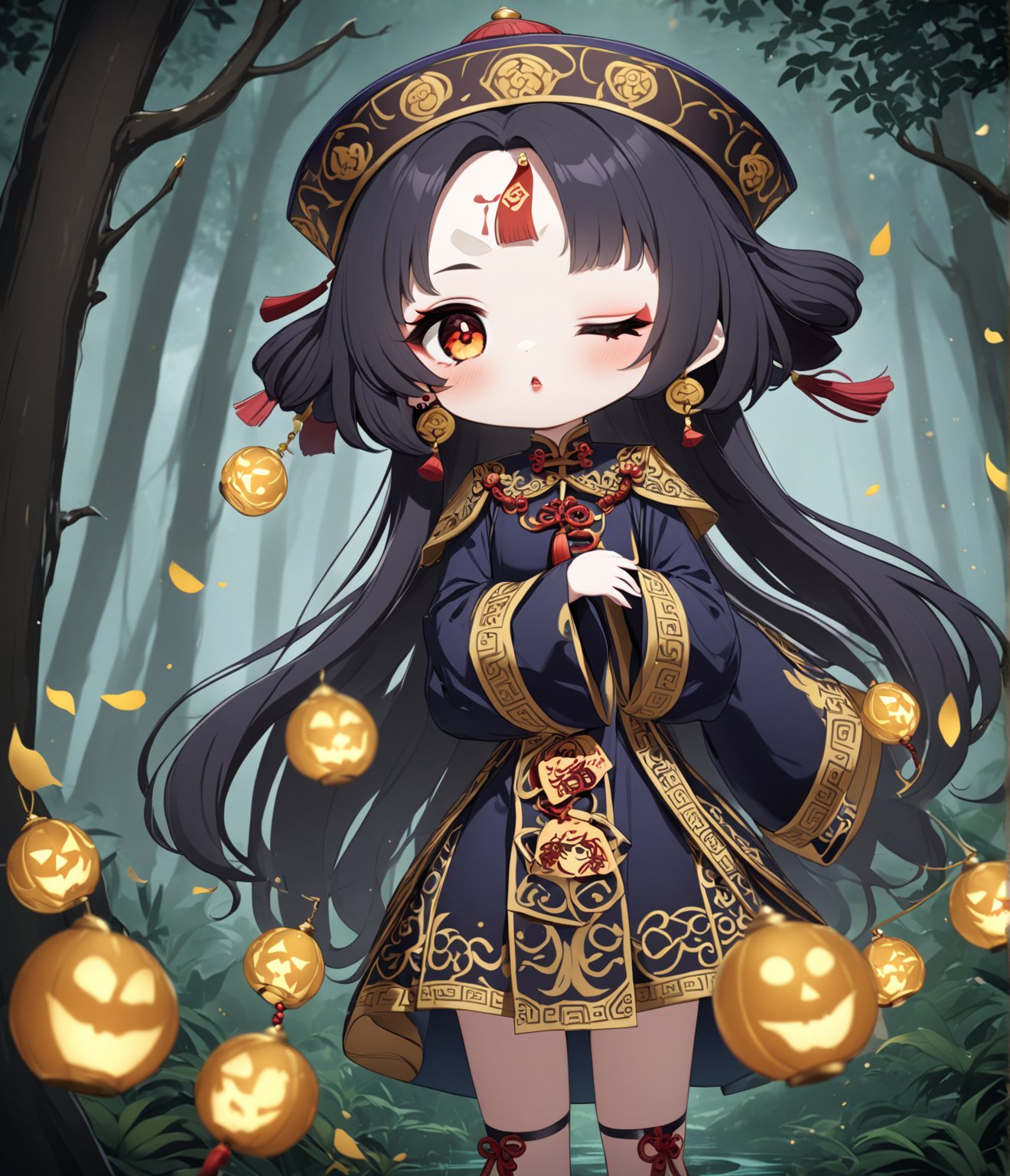 Masterpiece, 4K, ultra detailed, chibi anime style, frightening female Jiangshi with flawless goth makeup, paper talisman on forehead and glossy lips, eyes closed, golden earring, wavy long hair, dark silk robe with very long sleeves, in a misty dark forest, depth of field, SFW, more detail XL,