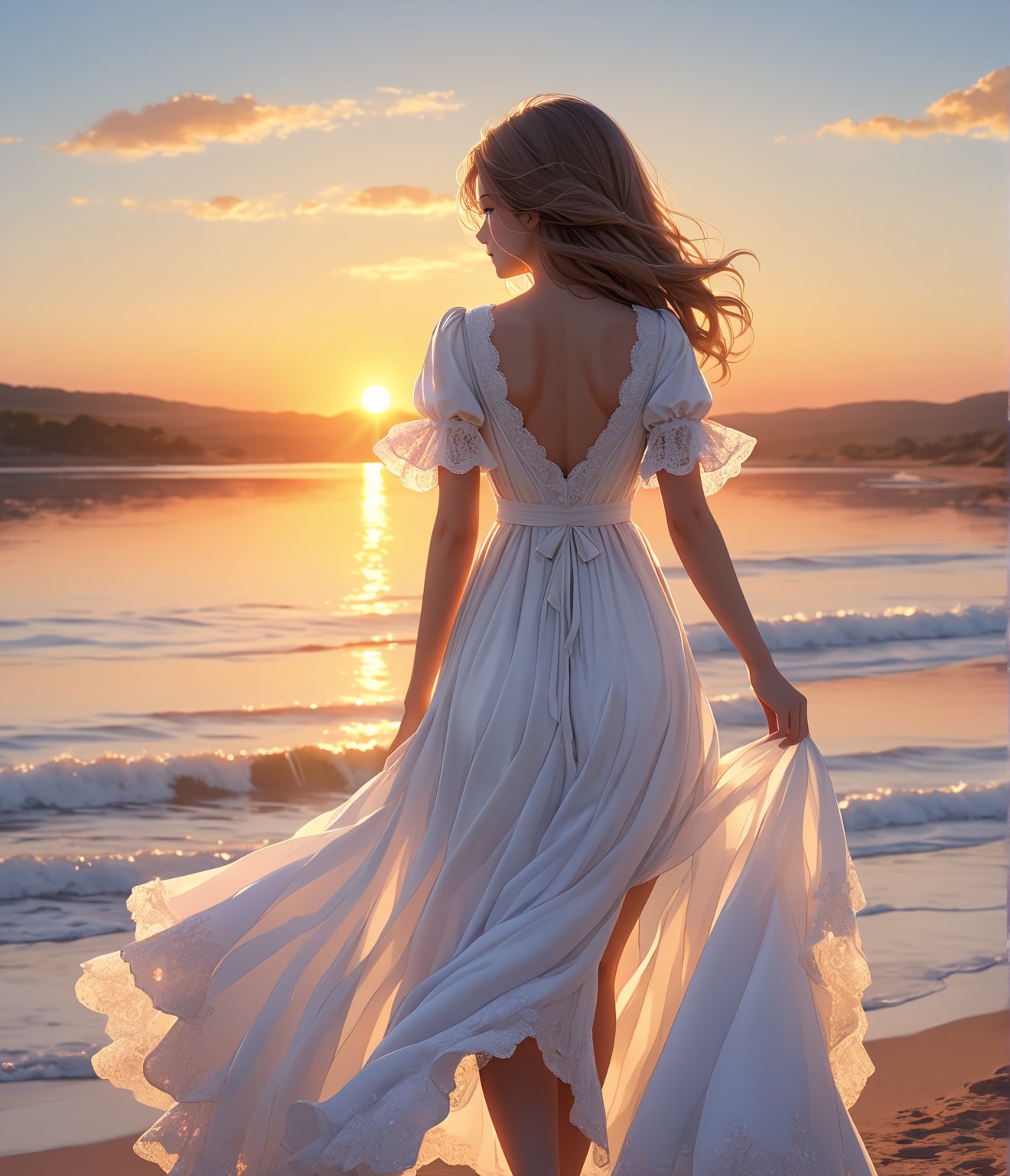 Masterpiece, 4K, Ultra detailed, beautiful girl wearing white dress walking to the sun, feminine figure, SFW, sunset, back facing viewers,