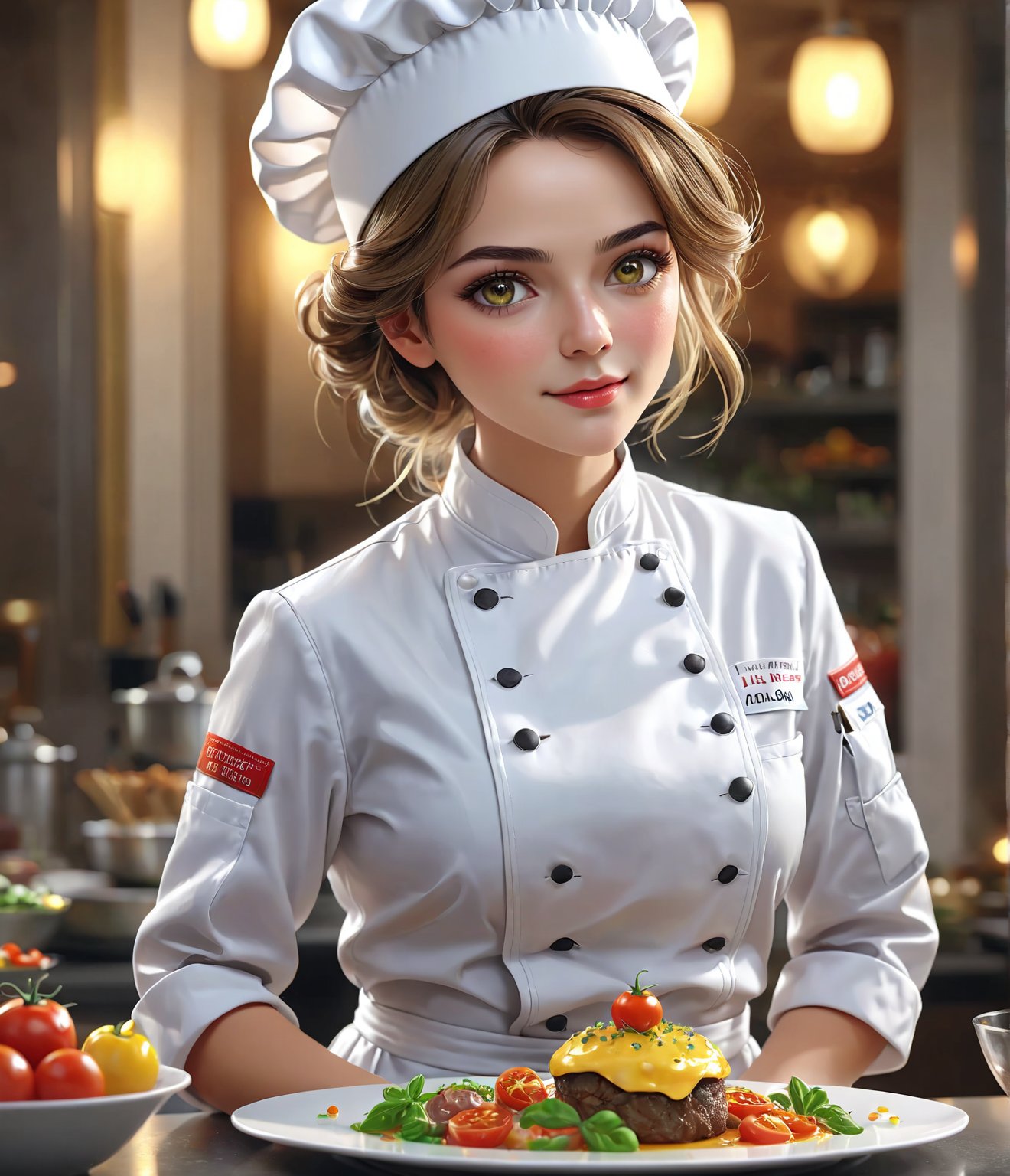 Masterpiece, 4K, ultra detailed, solo, 1 professional female chef with glamorous makeup, chef hat, fantastic cuisine, depth of field, SFW,