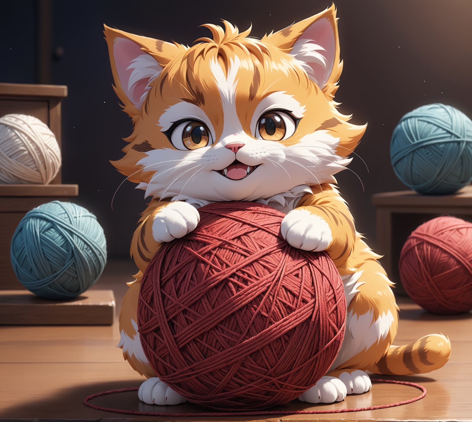 ((anime style)),  masterpiece, 4K, cute furry cat playing a yarn ball, more detail XL,