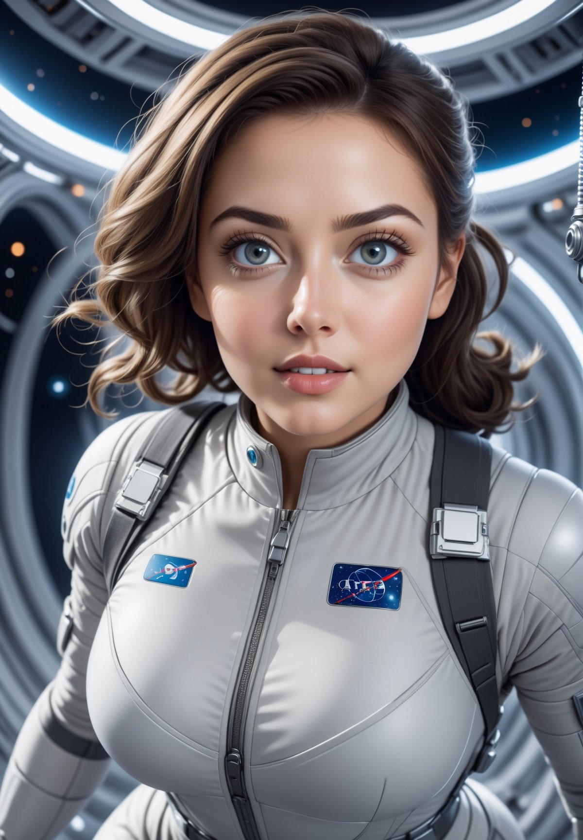 Sci-fi,  A beautiful curvy woman wearing a light grey overall uniform,  climbing position in a zero gravity spinning space...