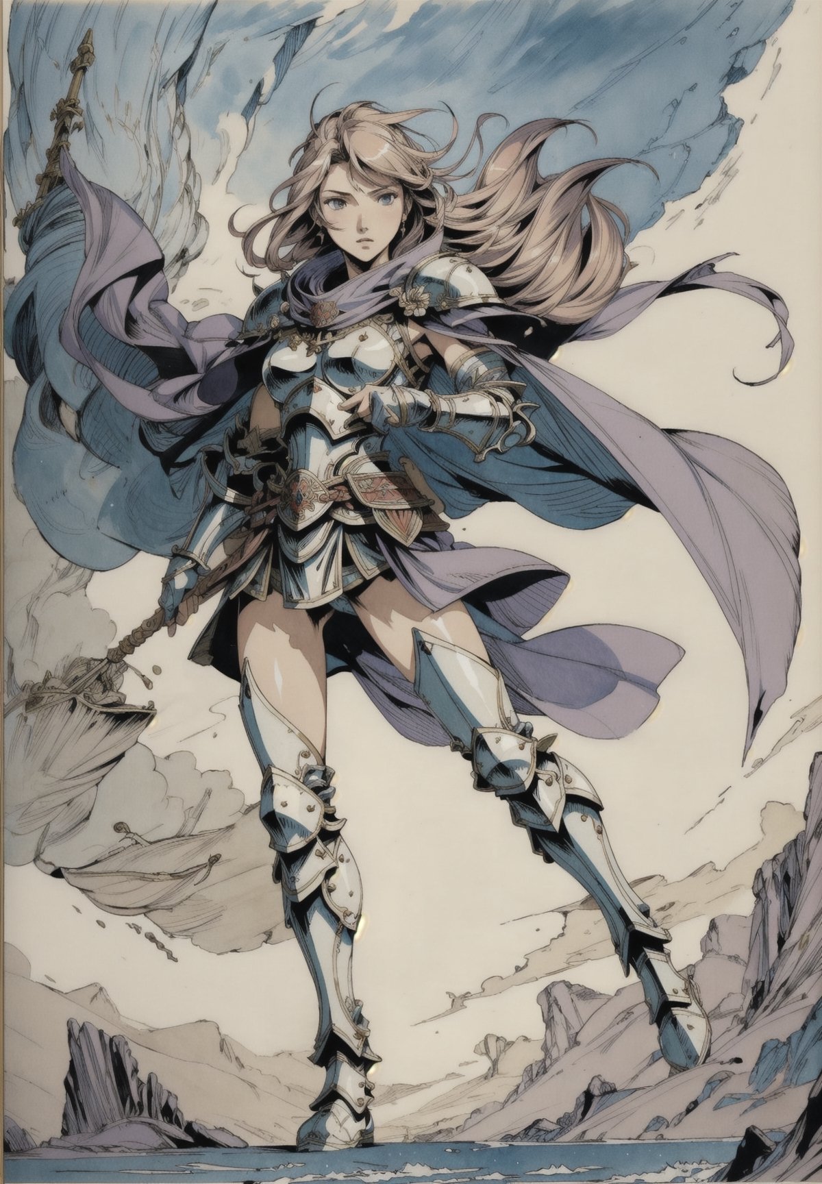 Full body, 1girl Warrior wearing armor and helmet, cape, amano yoshitaka, traditional media, fantasy illustration, soft colors, final fantasy, windy, dynamic poses, 
