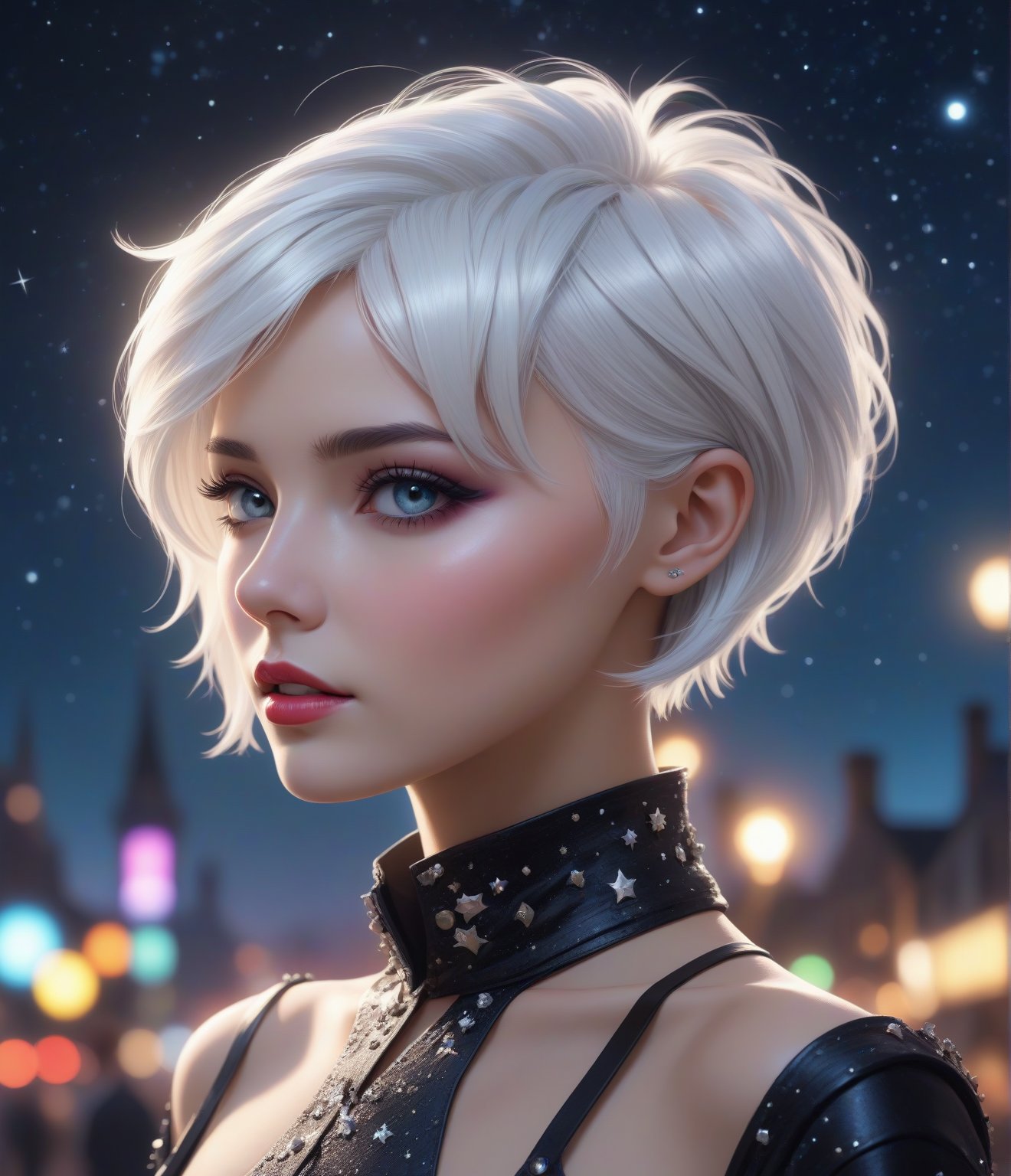 Masterpiece, 4K, ultra detailed, elegant fashionable woman, perfect makeup and short white hair, SFW, depth of field, epic night sky, vibrant color Punk Art Style, 