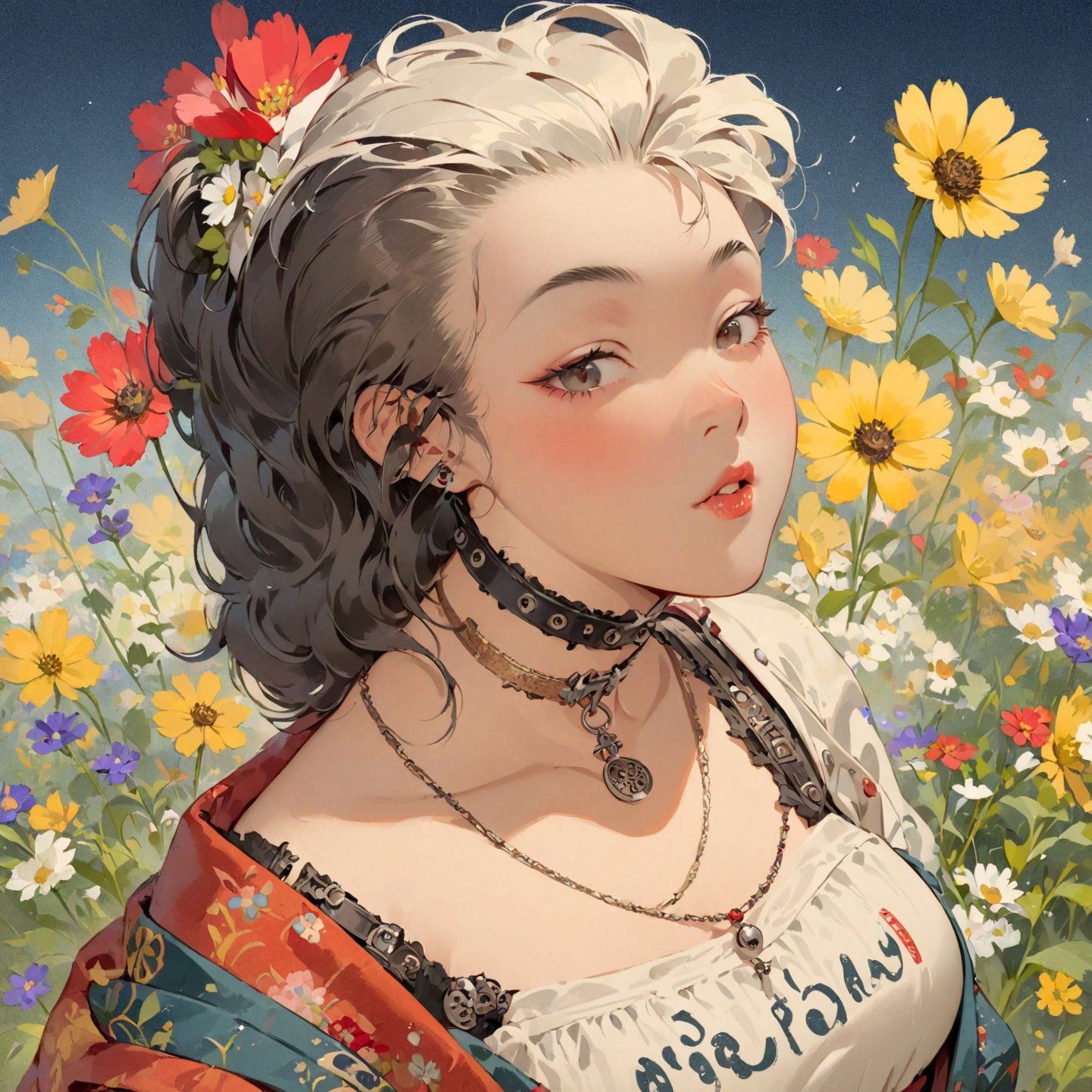 Masterpiece, 4K, ultra detailed, beautiful punk woman, choker necklace, long flowy hair, wild flowers, depth of field, SFW, Ukiyoe Art Style, Vintage American illustration's,KidsRedmAF