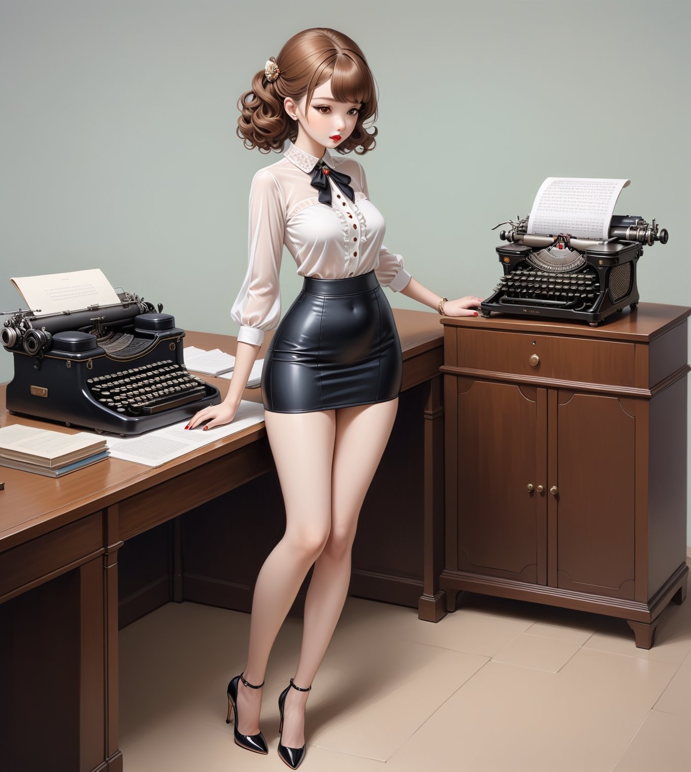 (Pin-up style),  masterpiece,  beautiful athletic woman wearing blouse and tight skirt by Max AI on Tensor.Art