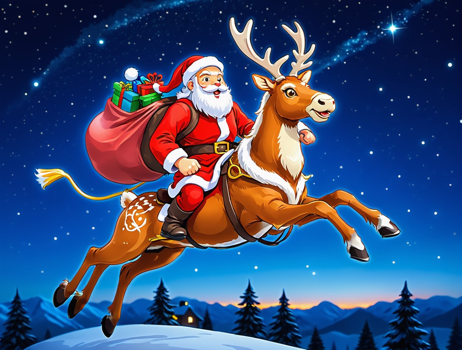 ((Anime style)),  Santa Claus riding on flying reindeer at night,  epic night sky by Max AI on Tensor.Art