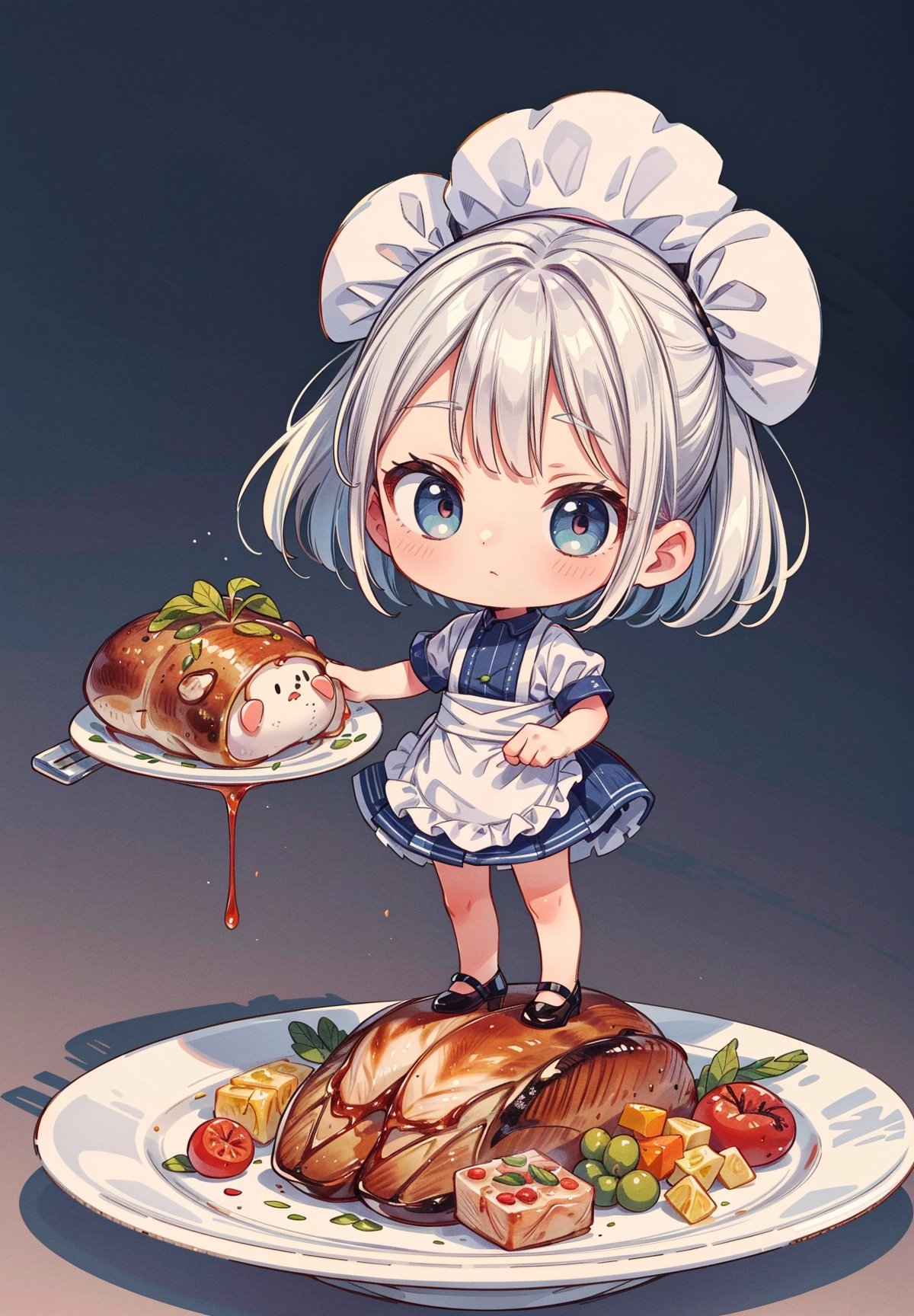 A beautiful chibi woman chef wearing a white and silver dress with high heels, presenting her first well roasted huge turkey on a plate, both hands holding the plate with huge turkey on top, intricated pose, big beautiul eyes, photorealistic, 4K, cool tone colors, full body portrait, holidays setting,