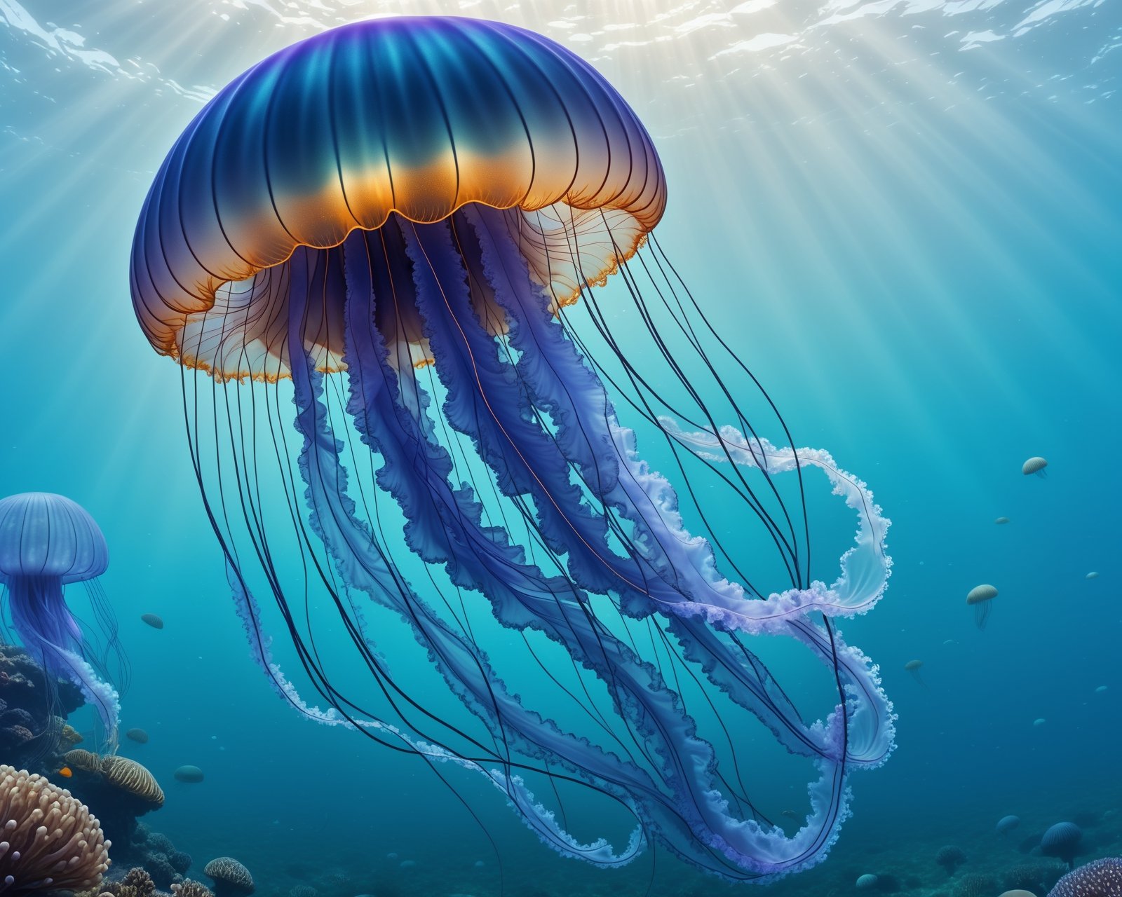 Many gigantic translucent jellyfish swimming in the ocean in all direction,  highly detailed tentacles,  shimmering spot p...