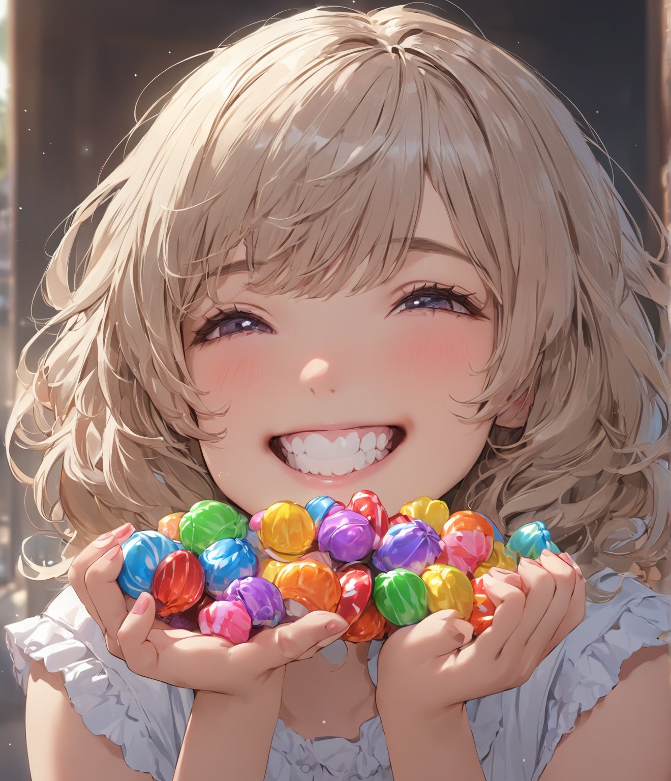 Masterpiece, 4K, Ultra detailed, cute girl cupping a handful of candy, wide smile, SFW, 