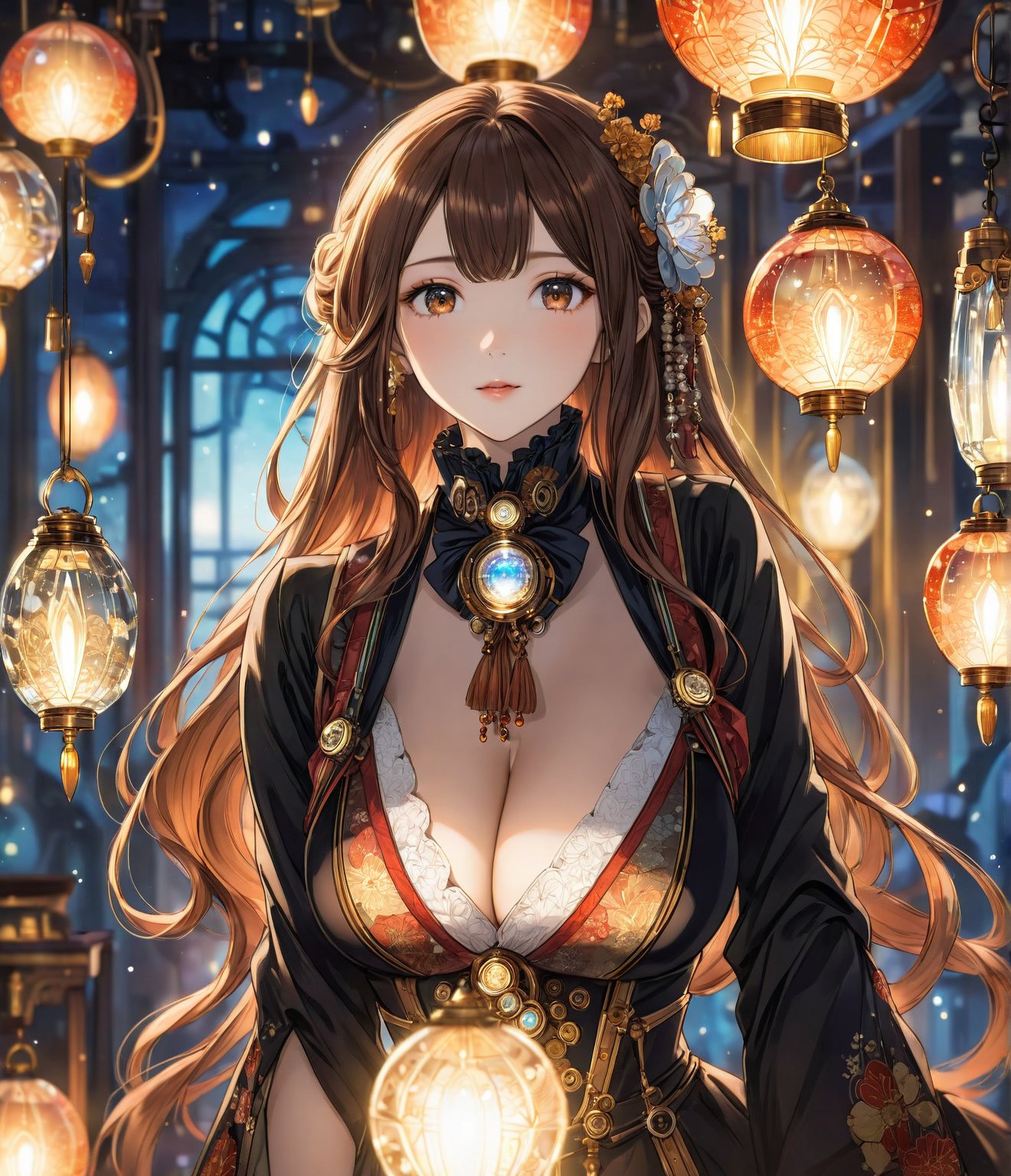 Masterpiece, 4K, ultra detailed, elegant fashionable woman, busty cleavage, perfect makeup and long flowy hair, SFW, depth of field, backlighting, hanging crystal lights, steampunk Victorian Art Style, (Ukiyoe Art Style),raw photo, realistic:1.3 cinematic photo