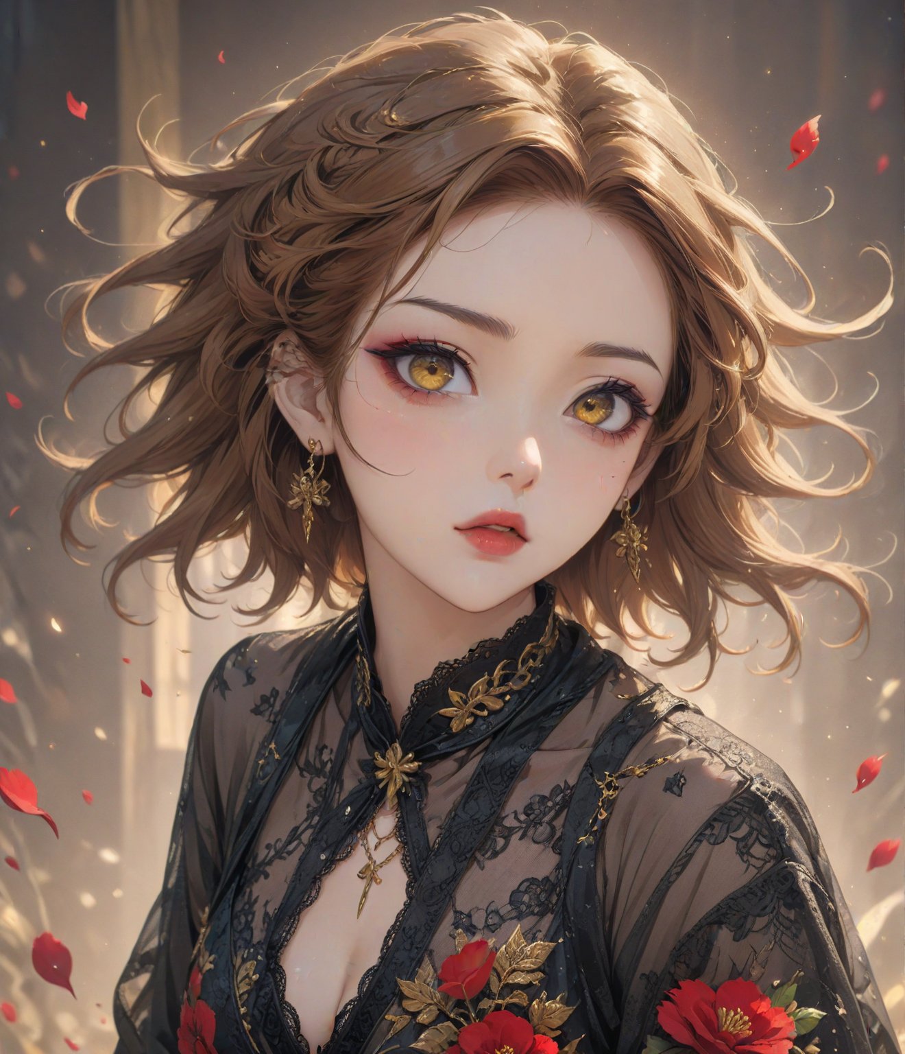 Masterpiece, 4K, ultra detailed, modern anime style, beautiful female singer with flawless dark makeup, beautiful detailed eyes and glossy lips, golden earring, wavy ginger hair, sheer lace robe, romantic flower petals, windy, depth of field, SFW, more detail XL, punk art style,huayu