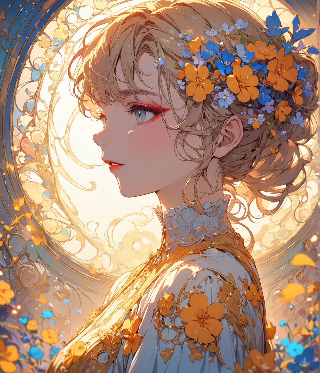 Masterpiece, 4K, ultra detailed, fashionable woman made of luminrous liquid, perfect makeup, SFW, depth of field, backlighting, Art nouveau flowers,