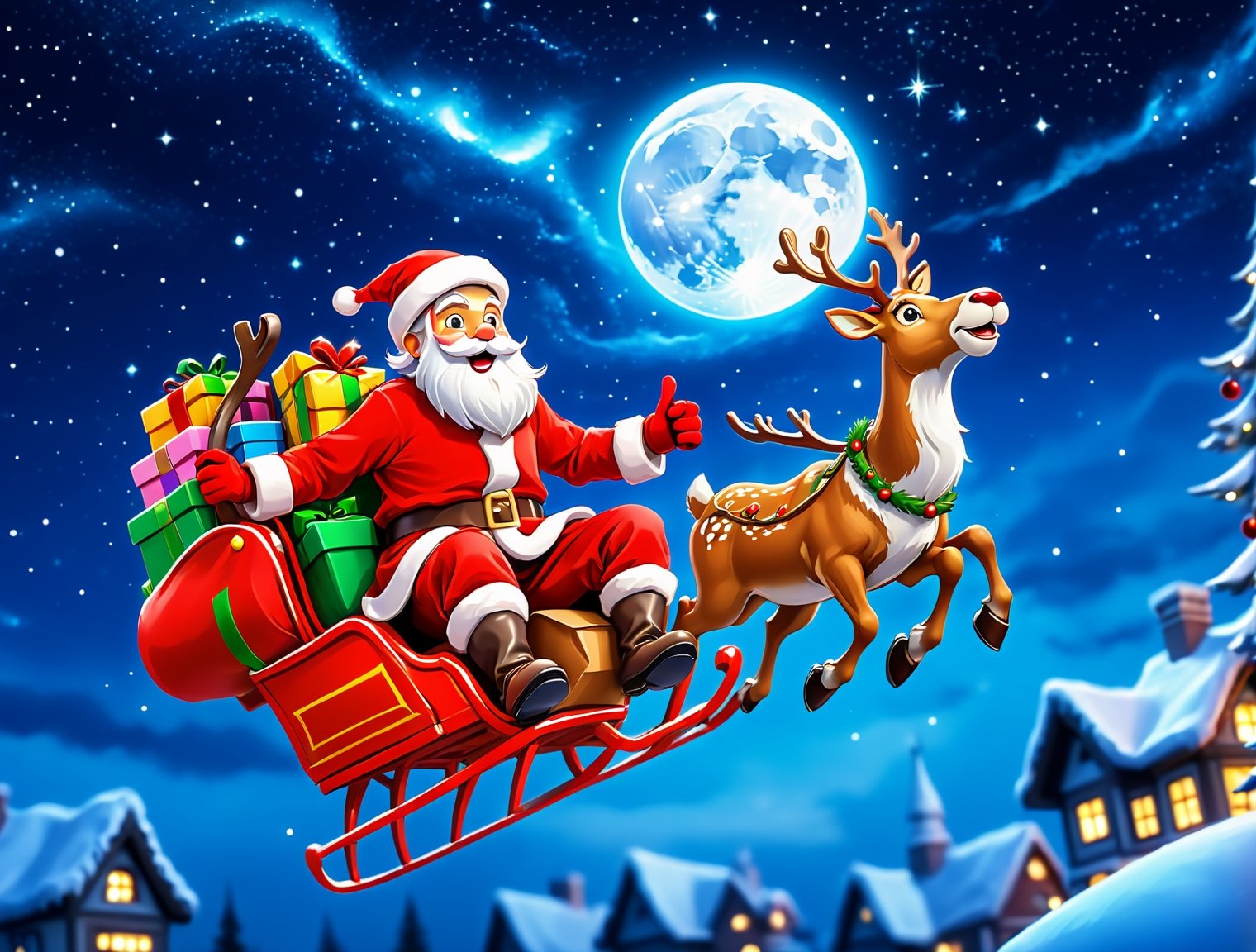 ((Anime style)),  Santa Claus delivery with flying reindeer at night,  epic night sky by Max AI on Tensor.Art