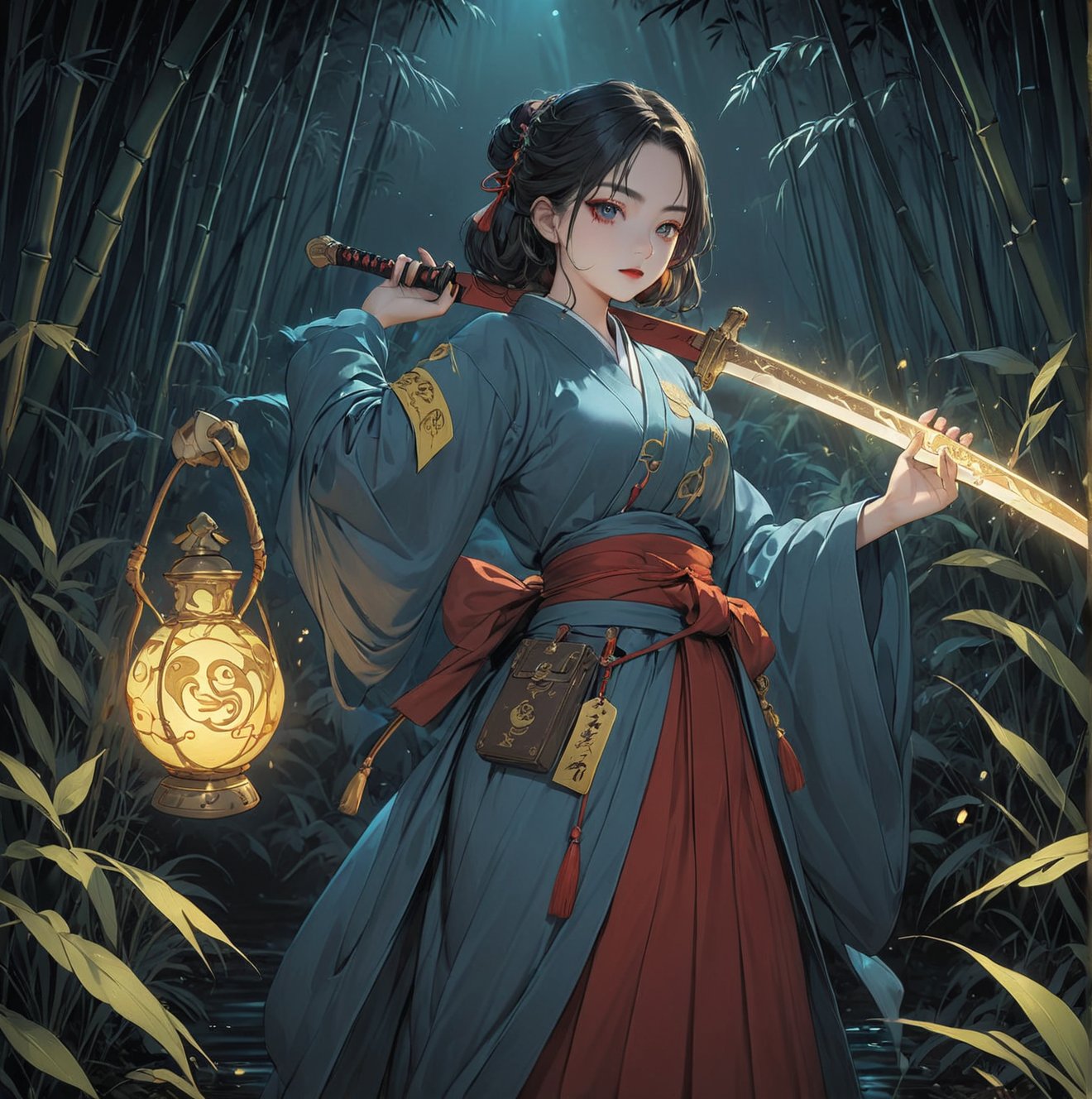 Masterpiece, 4K, ultra detailed, anime style, female ghost buster with flawless makeup and dark blue lips, yellow paper talisman with red wooden sword on 1 hand, dark satin robe, (Gourd Water Bottle tied to waist), in a dark bamboo forest at night, floating ghost spirit in the back, depth of field, SFW,huayu, Ukiyoe Art Style,glowing sword