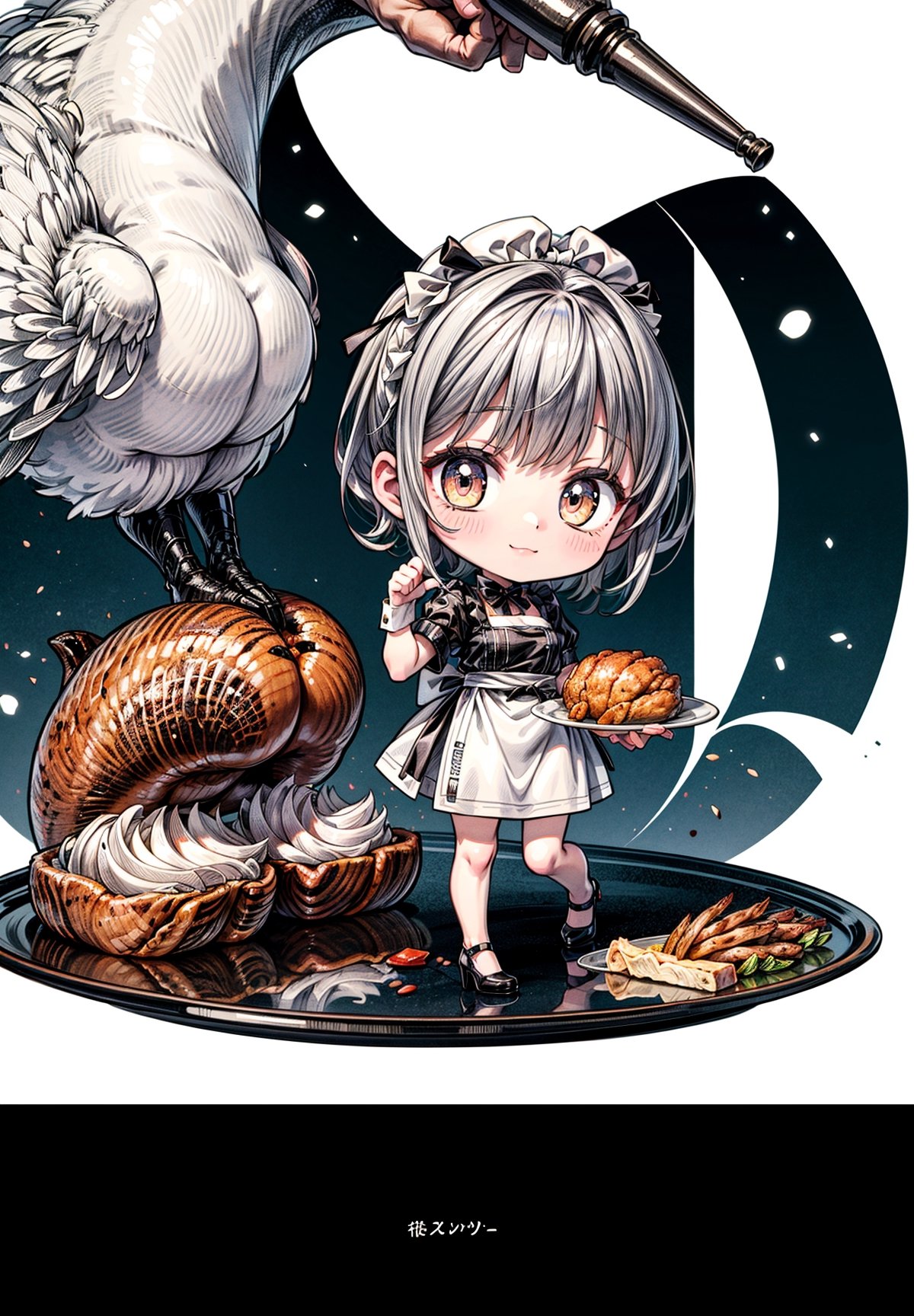 A beautiful chibi woman chef wearing a white and silver dress with high heels, presenting her first well roasted huge turkey on a plate, both hands holding the plate with huge turkey on top, intricated pose, big beautiul eyes, photorealistic, 4K, cool tone colors, full body portrait, holidays setting,