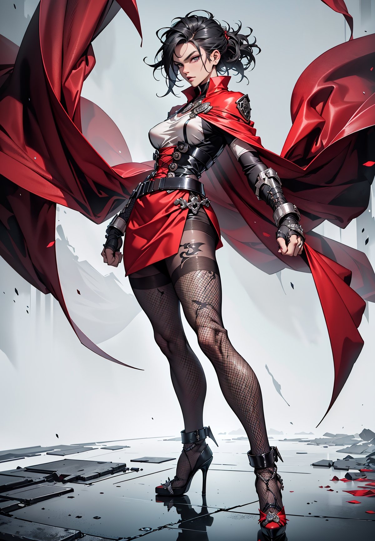 skinny female fighter wearing tactical uniform with huge long cape, fishnet pantyhose, crystal high heels, medium breasts, detailed eyes, fighting stance pose with closed fists, 4k, windy, line art background, highly detailed, full body portrait, dynamic angle, ink splash style, solo, large head,Silk4rmor,Silkpunk